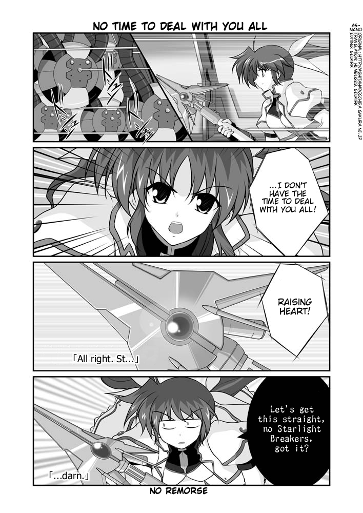 mikage takashi, raising heart, raising heart (exceed mode), takamachi nanoha, takamachi nanoha (exceed mode), lyrical nanoha, mahou shoujo lyrical nanoha, mahou shoujo lyrical nanoha strikers, hard-translated, third-party edit, translated, 00s, 1girl, comic, english text, fingerless gloves, gloves, greyscale, jacket, magazine (weapon), magical girl, monochrome, open clothes, open jacket, twintails, white devil