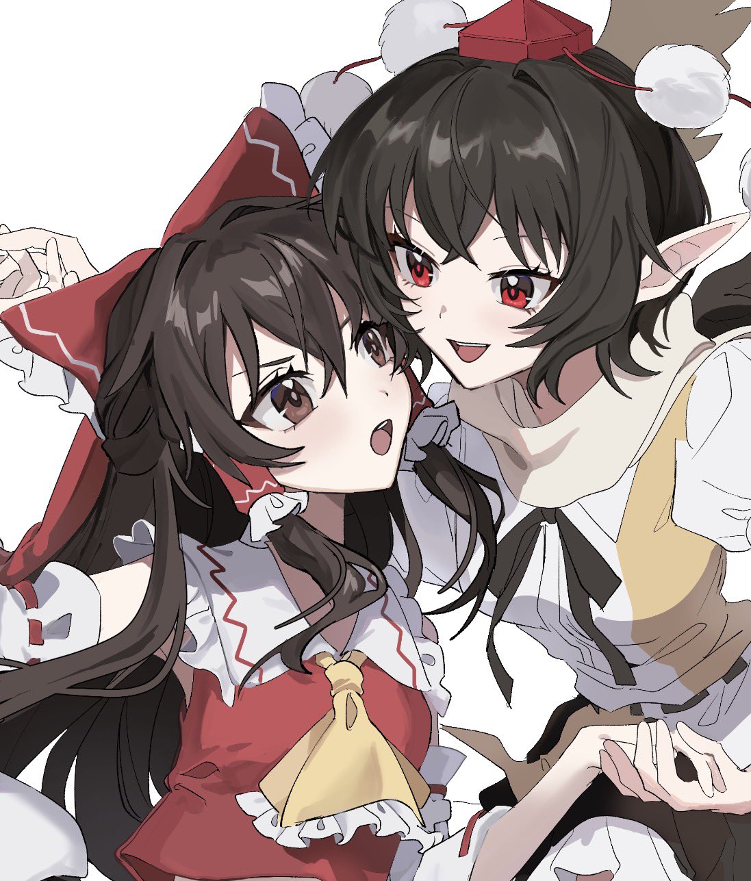 uehara suiyo, hakurei reimu, shameimaru aya, touhou, commentary, english commentary, highres, 2girls, ascot, black skirt, bow, breasts, brown eyes, brown hair, collared shirt, detached sleeves, eye contact, frilled bow, frilled hair tubes, frills, hair bow, hair tubes, hat, holding hands, long hair, looking at another, multiple girls, open mouth, pointy ears, pom pom (clothes), red bow, red eyes, red hat, ribbon-trimmed sleeves, ribbon trim, scarf, shirt, skirt, smile, tokin hat, white shirt, wings, yellow ascot, yellow scarf, yuri