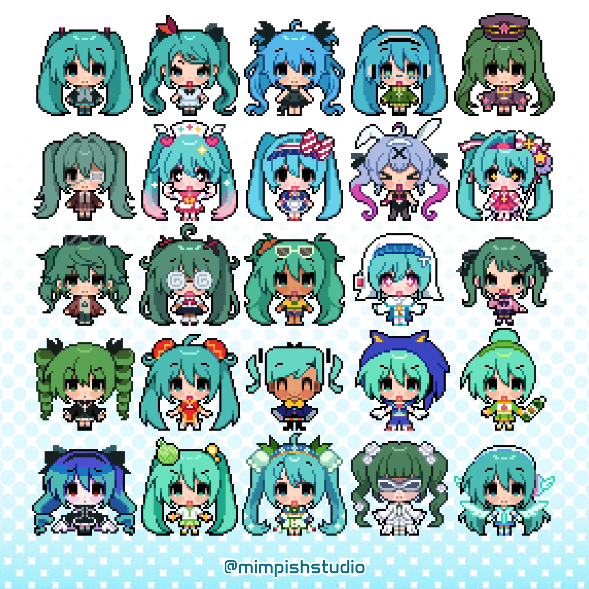 mimpish, brazilian miku, hatsune miku, hatsune miku (dark angel), hatsune miku (ichi no sakura oka), hatsune miku (infinity), hatsune miku (jersey), hatsune miku (rosa bianca), hatsune miku (sonic style), hatsune miku (supreme), sonic the hedgehog, worldwide miku, yuki miku, cantarella (vocaloid), confessions of a rotten girl (vocaloid), hajimete no oto (vocaloid), hatsune miku no gekishou (vocaloid), himitsu keisatsu (vocaloid), lemon melon cookie (vocaloid), m@gical cure! love shot! (vocaloid), matryoshka (vocaloid), mesmerizer (vocaloid), monitoring (vocaloid), poppippoo (vocaloid), rabbit hole (vocaloid), senbonzakura (vocaloid), shinkai shoujo (vocaloid), sonic (series), suna no wakusei (vocaloid), vampire (vocaloid), world is mine (vocaloid), commentary, english commentary, highres, > <, + +, 6+girls, ahoge, angel (module), animal ear hairband, animal ears, apron, black eyes, blue eyes, blue hair, bottle, bow, bowtie, bun cover, china dress, chinese clothes, closed eyes, coke-bottle glasses, cosplay, detached hair, double bun, dress, drill hair, empty eyes, eyepatch, eyewear on head, fake animal ears, fang, flower, food-themed hair ornament, full body, glasses, green eyes, green hair, hair bun, hair flower, hair ornament, hair ribbon, hair scrunchie, hairband, hat, headphones, heart, heart hair ornament, holding, holding bottle, holding wand, ima sugu rinne (vocaloid), jacket, leotard, lily of the valley, long hair, long sleeves, magical girl, mask, medical eyepatch, melon hair ornament, military hat, multicolored hair, multiple girls, multiple persona, nun, nurse cap, odochina (vocaloid), pantyhose, pink eyes, pink hair, pixel art, rabbit ear hairband, rabbit ears, red eyes, ribbon, school uniform, scrunchie, shirt, short hair, short sleeves, smile, sonic the hedgehog (cosplay), static (vocaloid), sunglasses, t-shi no hanashi wo shinjiru na (vocaloid), t-shirt, tan, track jacket, twin drills, twintails, very long hair, visor cap, wand, wide sleeves, wing hair ornament, winged headphones, wings, x hair ornament, yuki miku (2015)