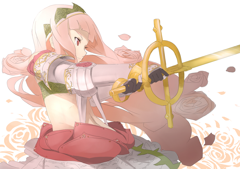 jitsu hidari, original, armor, flower, long hair, midriff, petals, pink hair, red eyes, rose, solo, sword, weapon