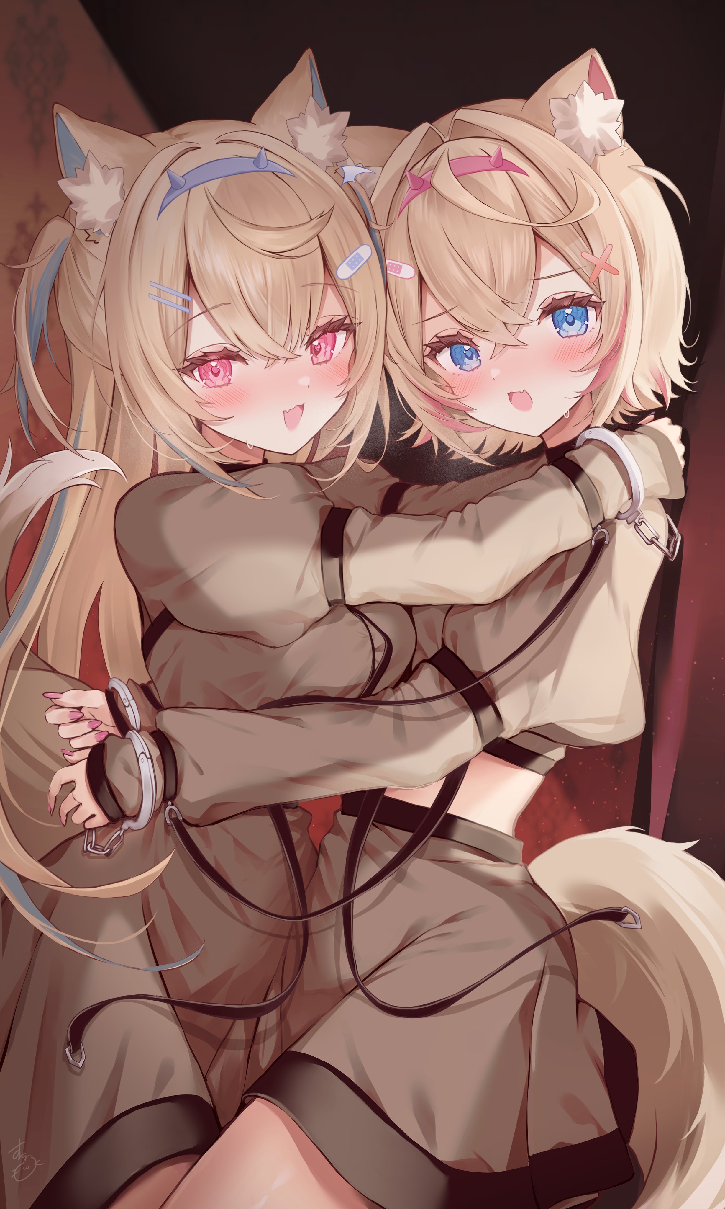 neru5, fuwawa abyssgard, mococo abyssgard, hololive, hololive english, absurdres, commentary, english commentary, highres, 2girls, :d, alternate costume, animal ear fluff, animal ears, bandaid, bandaid hair ornament, blonde hair, blue eyes, blue hair, blue hairband, blue nails, breasts, brown dress, cowboy shot, crop top, cropped dress, cuffs, curtains, dog ears, dog girl, dog tail, double-parted bangs, dress, eyelashes, fang, fingernails, hair between eyes, hair intakes, hair ornament, hairband, hairclip, handcuffs, hug, large breasts, long hair, looking at viewer, midriff, multicolored hair, multiple girls, one side up, open mouth, pink eyes, pink hair, pink hairband, pink nails, puffy sleeves, short hair, siblings, signature, sisters, skin fang, small breasts, smile, strap, streaked hair, sweatdrop, tail, x hair ornament