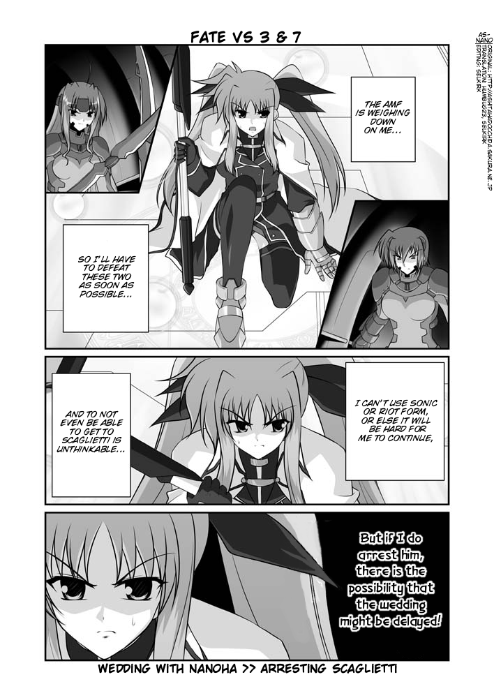 mikage takashi, bardiche (nanoha), fate testarossa, fate testarossa (impulse form), numbers (nanoha), sette (nanoha), tre (nanoha), lyrical nanoha, mahou shoujo lyrical nanoha, mahou shoujo lyrical nanoha strikers, hard-translated, third-party edit, translated, 00s, 3girls, bodysuit, cape, coat, comic, english text, facial mark, gauntlets, gloves, greyscale, headband, magical girl, monochrome, multiple girls, single gauntlet, single glove, thighhighs, twintails