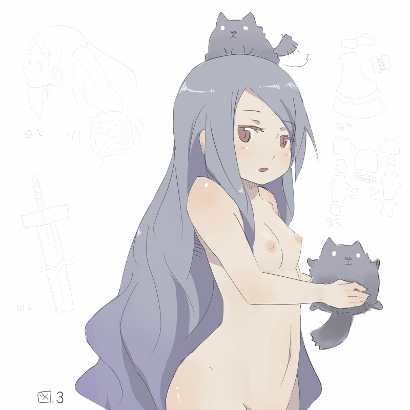 jitsu hidari, ukuel, original, bad id, bad pixiv id, 1girl, animal, animal on head, cat, cat on head, female focus, flat chest, long hair, nipples, nude, on head, sketch, solo