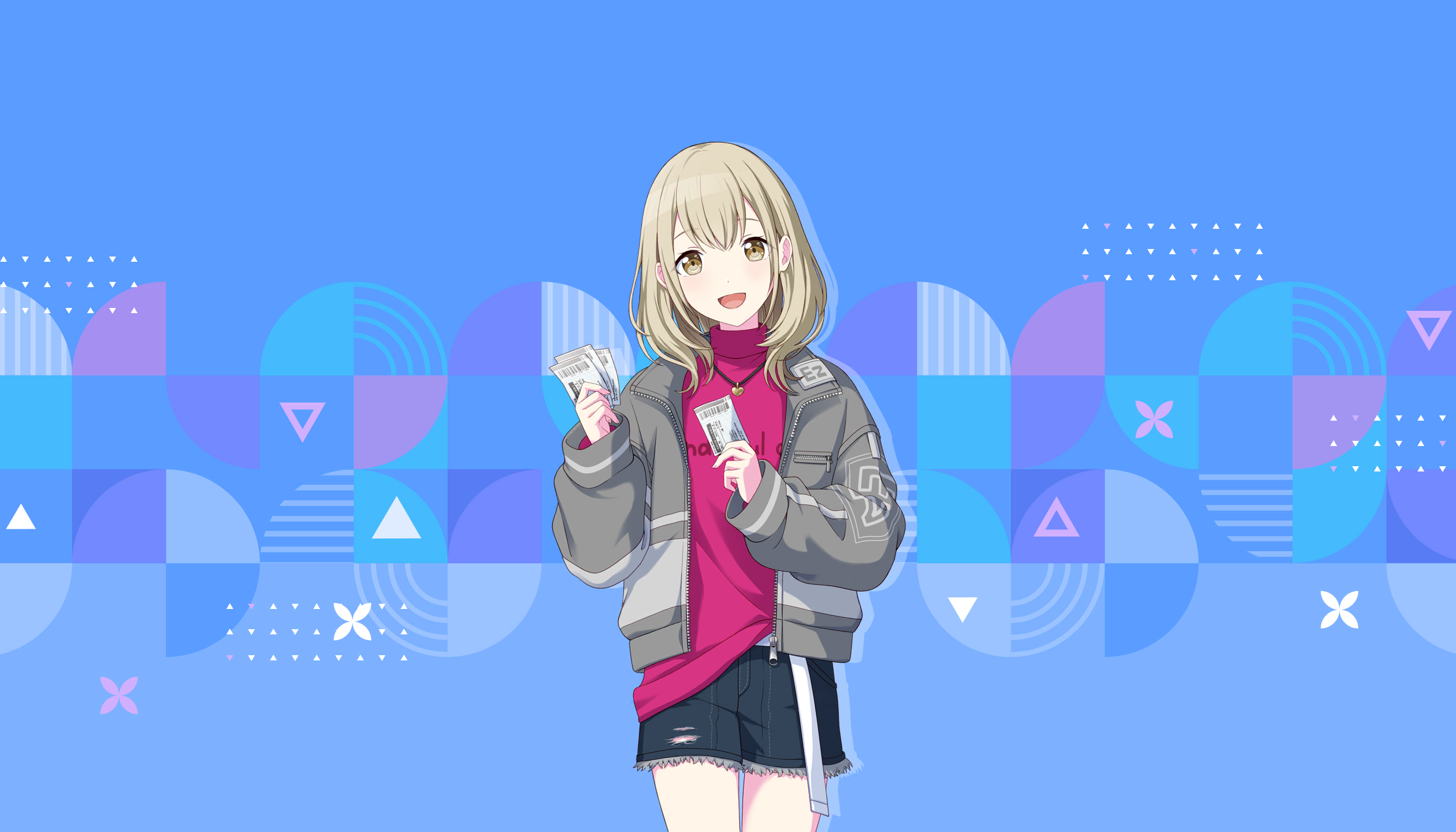 colorful palette, azusawa kohane, project sekai, game cg, highres, official art, third-party source, 1girl, :d, alternate costume, alternate hairstyle, belt, black shorts, blonde hair, blue background, brown eyes, clothes writing, grey jacket, holding, holding ticket, jacket, jewelry, looking at viewer, necklace, open clothes, open jacket, open mouth, pink sweater, shorts, sleeves past wrists, smile, solo, sweater, ticket, tongue, torn clothes, torn shorts, triangle, white belt