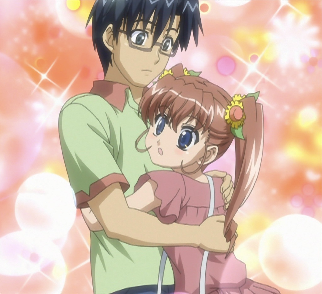 ayase yuuto, nogizaka mika, nogizaka haruka no himitsu, anime screenshot, stitched, third-party edit, 00s, blue eyes, brown hair, hug, twintails