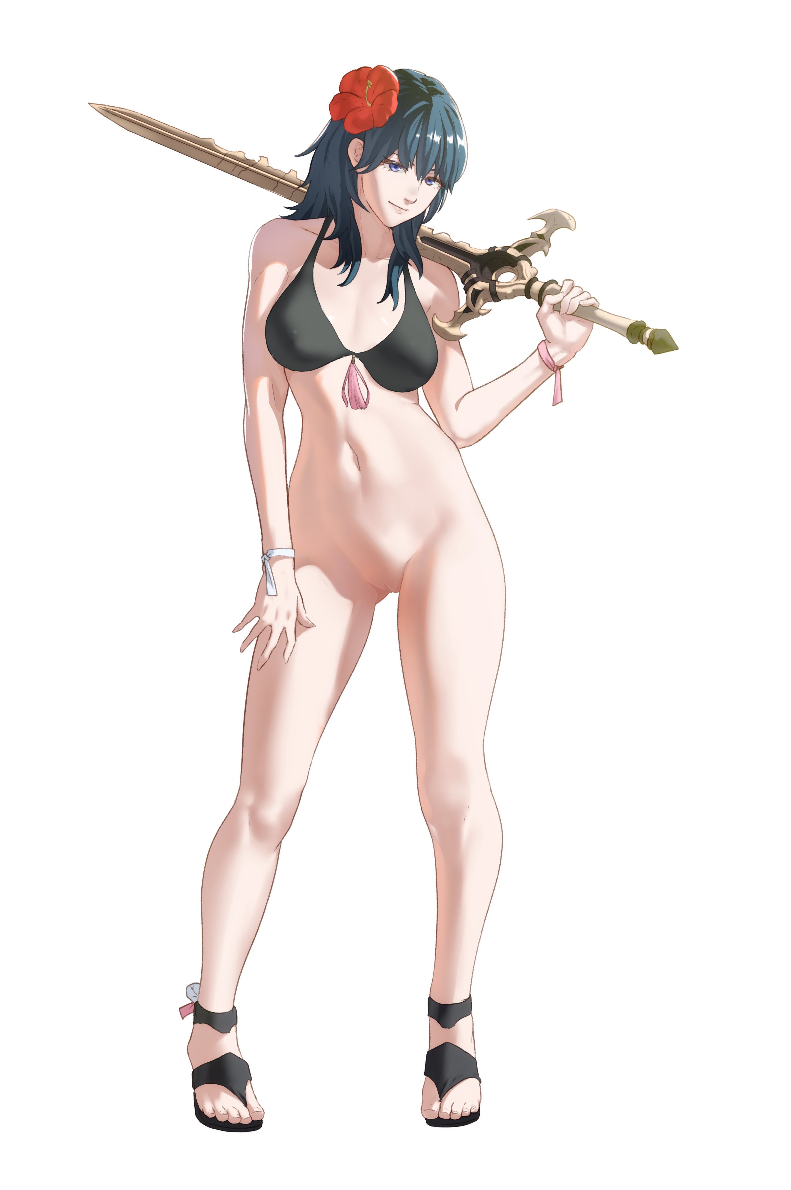 pomelomelon, female byleth (fire emblem), female byleth (summer) (fire emblem), fire emblem, fire emblem: three houses, fire emblem heroes, nintendo, absurdres, commentary, english commentary, highres, 1girl, bare arms, bare legs, bare shoulders, bikini, bikini top only, black bikini, blue hair, bottomless, breasts, closed mouth, collarbone, eyelashes, feet, flower, full body, gluteal fold, gold trim, hair flower, hair ornament, hand up, holding, holding sword, holding weapon, large breasts, legs, looking at viewer, medium hair, navel, official alternate costume, over shoulder, pussy, red flower, sandals, shadow, simple background, solo, standing, stomach, swimsuit, sword, sword of the creator, sword over shoulder, toenails, toes, weapon, weapon over shoulder, white background