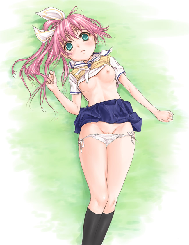 hana, kanda aya, hana (pangya), pangya, bad id, bad pixiv id, 1girl, aqua eyes, blush, breasts, clothes lift, female focus, kneehighs, long hair, looking at viewer, lying, nipples, no bra, panties, pink hair, pussy, pussy peek, ribbon, school uniform, serafuku, shirt lift, side-tie panties, skirt, skirt lift, small breasts, socks, solo, underwear, upskirt