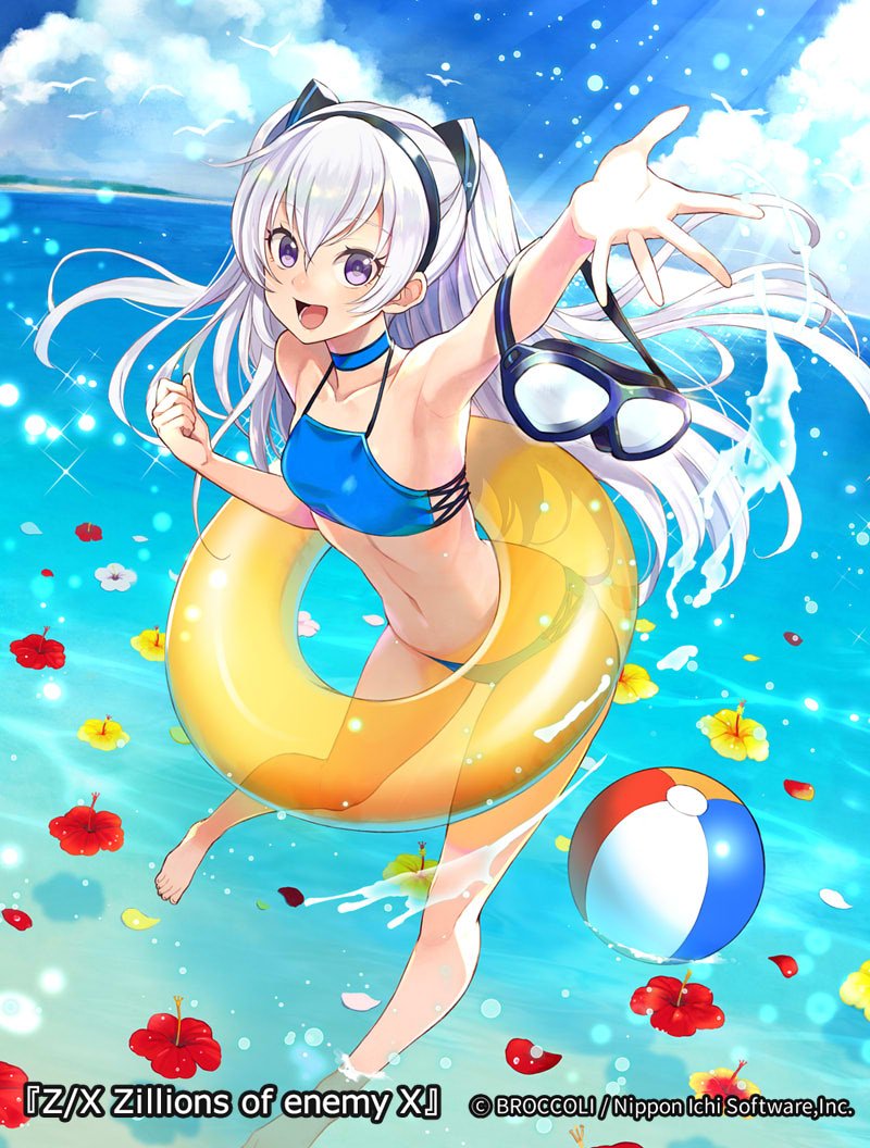 yuko (uc yuk), z/x, official art, 1girl, arm up, armpits, bikini, blue bikini, blue sky, breasts, cloud, cloudy sky, copyright notice, flower, goggles, grey hair, hair ornament, hairband, hibiscus, innertube, light particles, long hair, lower teeth only, navel, nu (z/x), ocean, open mouth, outdoors, petals, round teeth, sky, small breasts, solo, sparkle, splashing, swim goggles, swim ring, swimsuit, teeth, two side up, unworn goggles