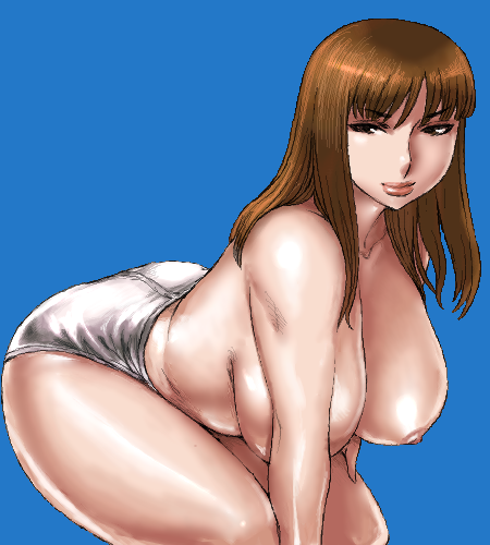 matoyama, lowres, 1girl, ass, bent over, blue background, blunt bangs, breasts, brown eyes, brown hair, curvy, female focus, huge ass, large breasts, lips, long hair, nipples, oekaki, panties, plump, solo, thick thighs, thighs, topless female, underwear