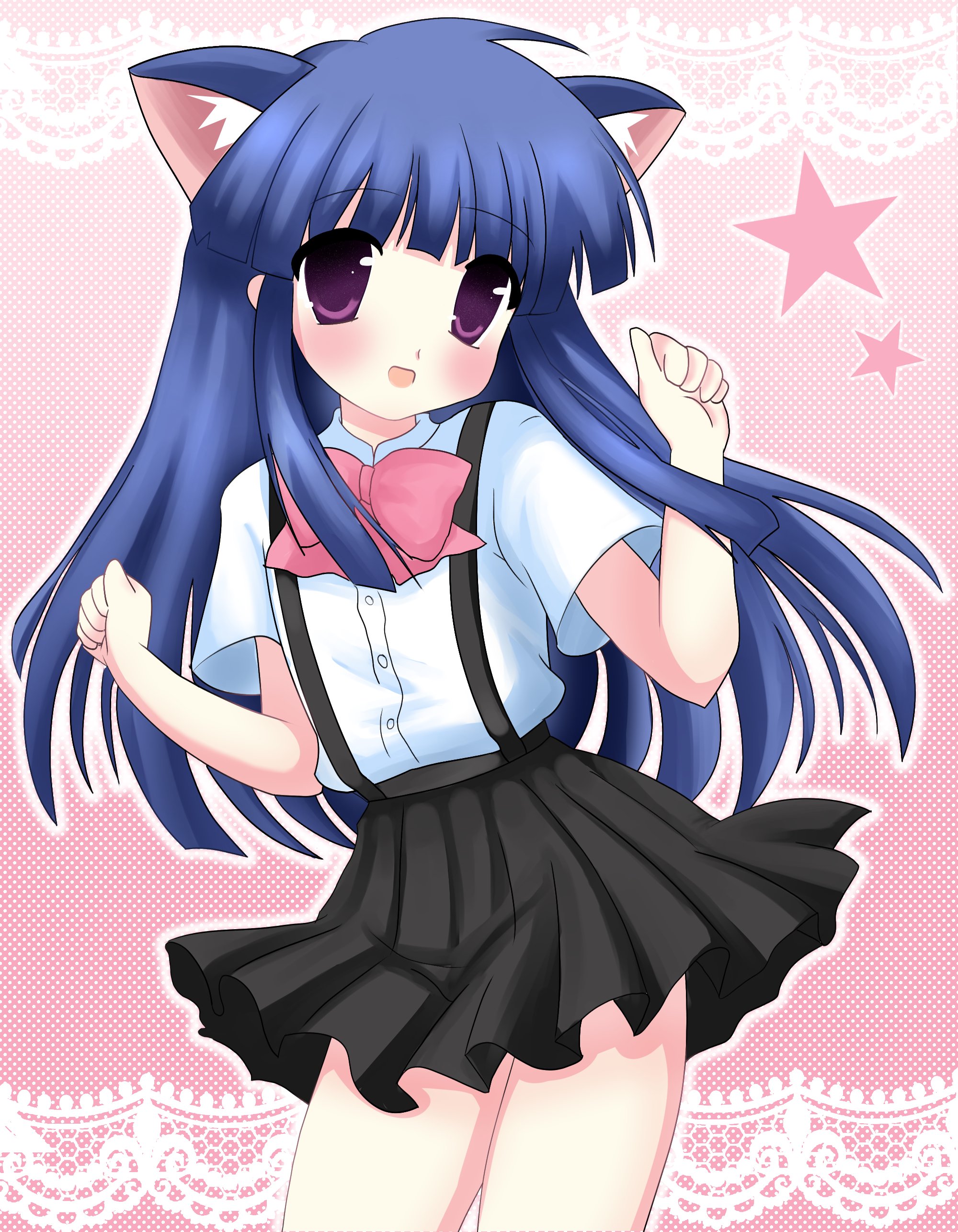 satokocel, furude rika, higurashi no naku koro ni, absurdres, highres, 1girl, 2000s (style), animal ears, black skirt, blue hair, blunt bangs, blush, bow, cat ears, cat girl, kemonomimi mode, lace, long hair, looking at viewer, open mouth, pink background, pink bow, pleated skirt, polka dot, polka dot background, purple eyes, shirt, short sleeves, skirt, smile, solo, star (symbol), suspenders, w arms, white shirt