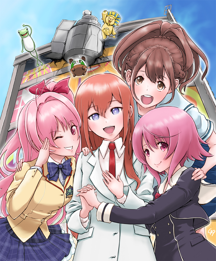 get9, makise kurisu, onoe serika, sakihata rimi, senomiya akiho, upa (steins;gate), chaos;child, chaos;head, robotics;notes, science adventure, steins;gate, 4girls, arm belt, belt, black pantyhose, black shorts, blazer, blue bow, blue skirt, bow, bowtie, braid, breast pocket, breasts, brown eyes, brown hair, brown jacket, buttons, chest bow, chuo tanegashima high school uniform, collared shirt, cropped jacket, cropped shirt, double-breasted, dress shirt, dress vest, gero-froggy, grin, hair between eyes, hair bow, hair over shoulder, half up braid, happy, hekiho academy school uniform, high-waist skirt, high ponytail, jacket, lab coat, lapels, leather belt, long sleeves, medium breasts, miniskirt, multiple girls, necktie, notched lapels, one eye closed, one side up, pantyhose, phinx (robotics;notes), pink eyes, pink hair, plaid bow, plaid bowtie, plaid clothes, plaid necktie, plaid skirt, pleated skirt, pocket, ponytail, ponytail with braided base, purple bow, purple bowtie, purple eyes, purple skirt, purple trim, red bow, red necktie, sailor collar, salute, school emblem, school uniform, shirt, short sleeves, shorts, skirt, small breasts, smile, suimei academy school uniform, teeth, tongue, upper teeth only, white belt, white sailor collar, white shirt