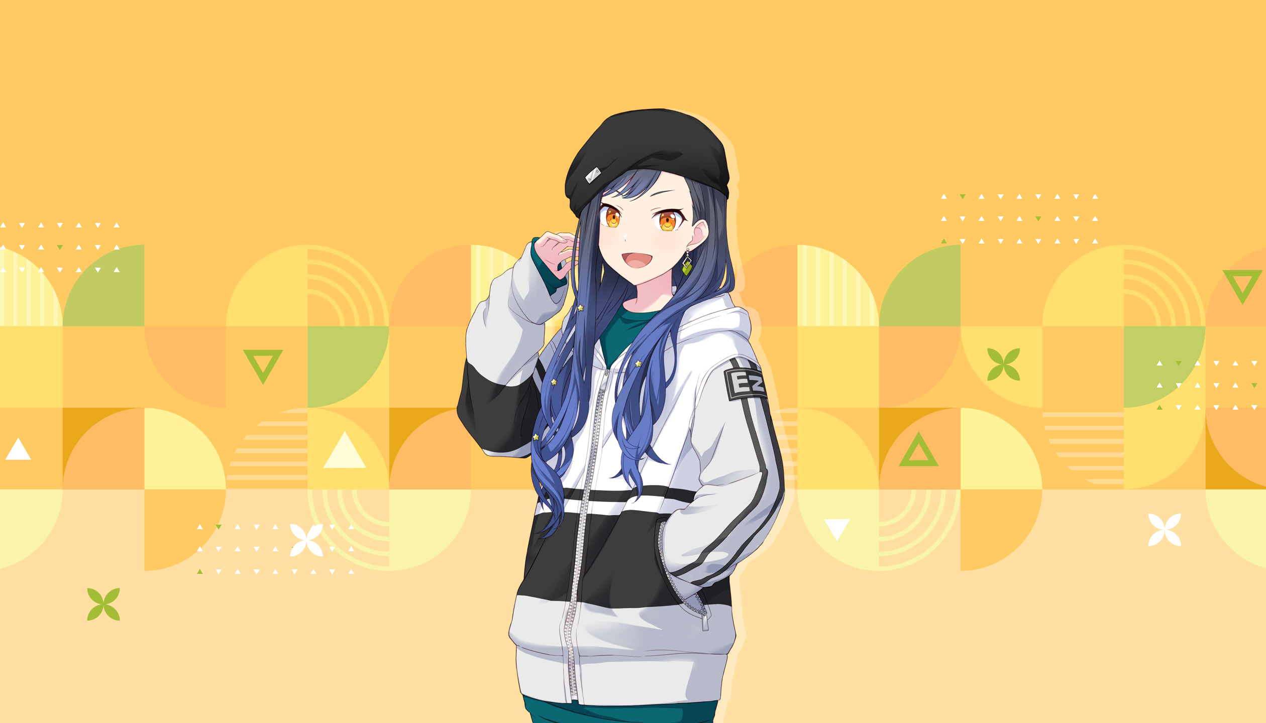colorful palette, shiraishi an, project sekai, game cg, highres, official art, third-party source, 1girl, :d, alternate costume, beanie, black hair, black hat, blue hair, earrings, gradient hair, green pants, green shirt, hair ornament, hand in pocket, hat, hood, hoodie, jewelry, looking at viewer, multicolored hair, open mouth, orange background, orange eyes, pants, shirt, smile, solo, star (symbol), star hair ornament, tongue, triangle, white hoodie, zipper