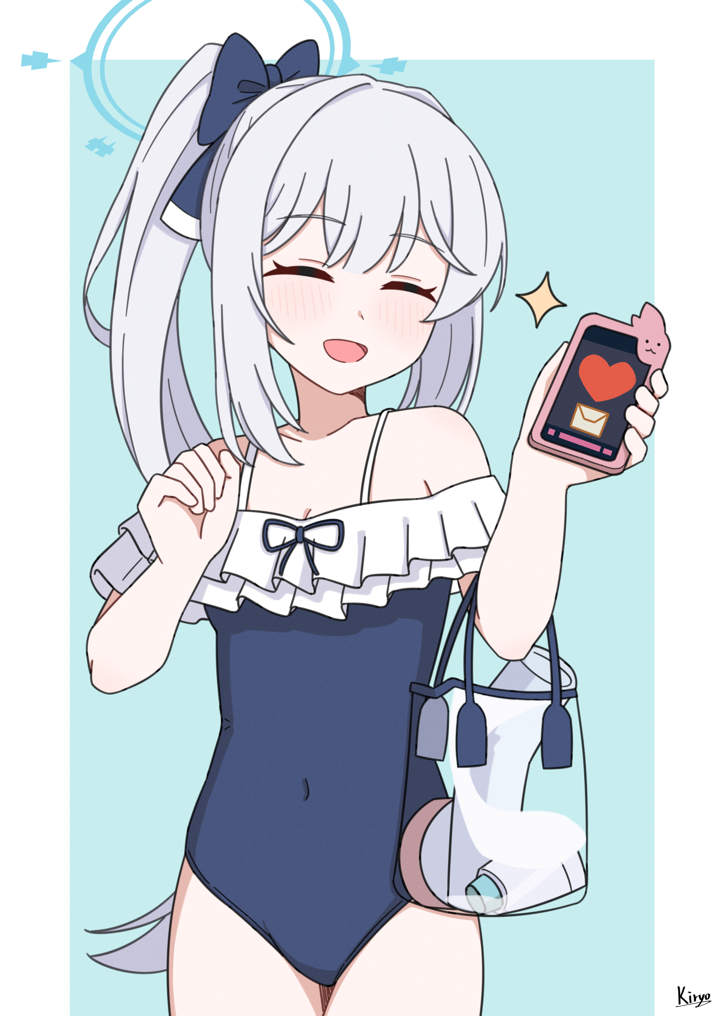 kiryo (fcu4an), miyako (blue archive), miyako (swimsuit) (blue archive), blue archive, absurdres, highres, 1girl, bag, blue background, blue halo, blue one-piece swimsuit, casual one-piece swimsuit, cellphone, closed eyes, covered navel, cowboy shot, frilled one-piece swimsuit, frills, halo, long hair, off-shoulder one-piece swimsuit, off shoulder, official alternate costume, one-piece swimsuit, phone, ponytail, smartphone, smile, solo, swimsuit, two-tone one-piece swimsuit