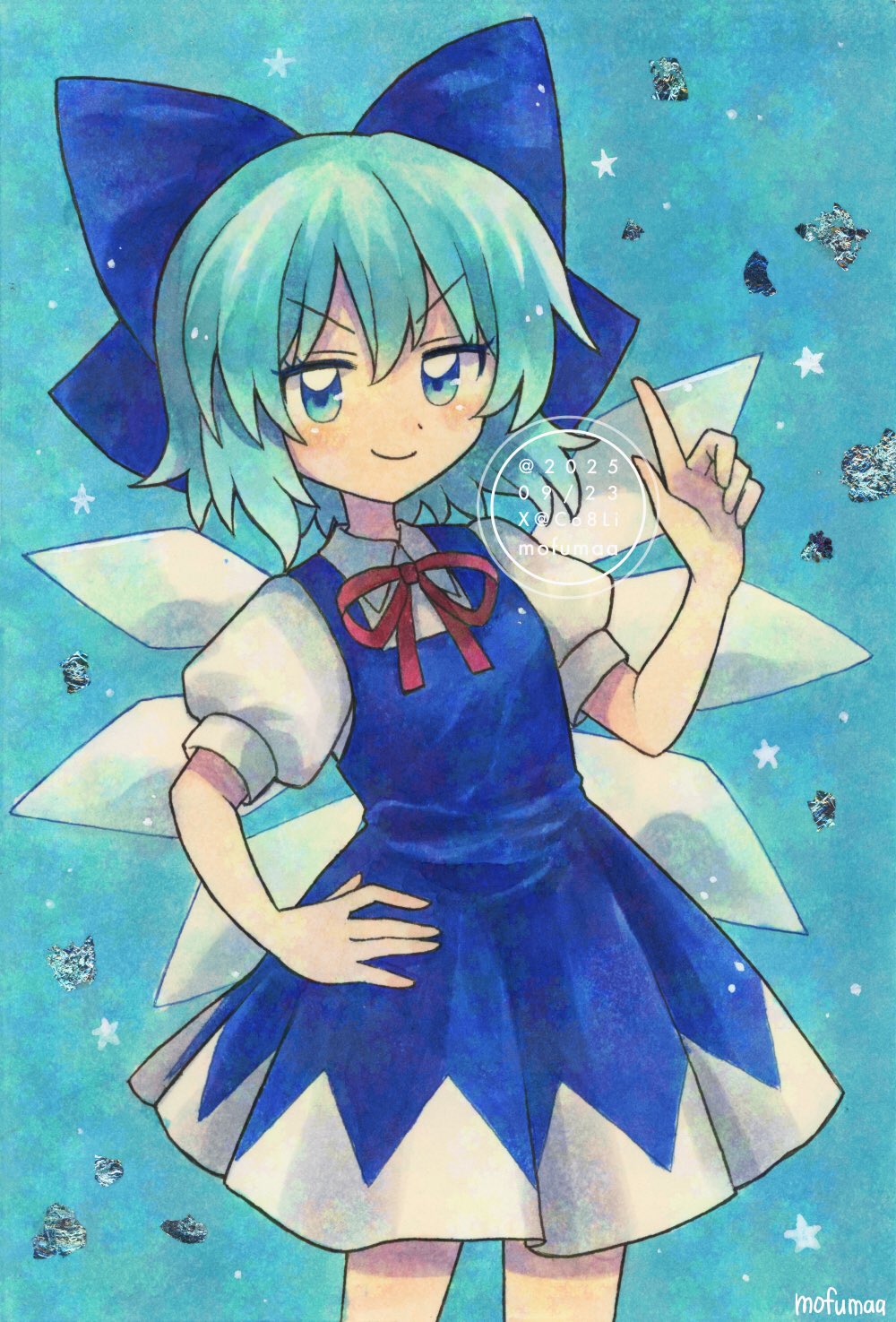 maa (forsythia1729), cirno, touhou, commentary, hashtag-only commentary, highres, traditional media, 1girl, artist name, blue background, blue bow, blue dress, blue eyes, blue hair, bow, closed mouth, collared shirt, dated, detached wings, dress, hair bow, hand on own hip, ice, ice wings, looking at viewer, neck ribbon, pinafore dress, puffy short sleeves, puffy sleeves, red ribbon, ribbon, shirt, short sleeves, sleeveless, sleeveless dress, smile, solo, star (symbol), twitter username, watermark, white shirt, wings