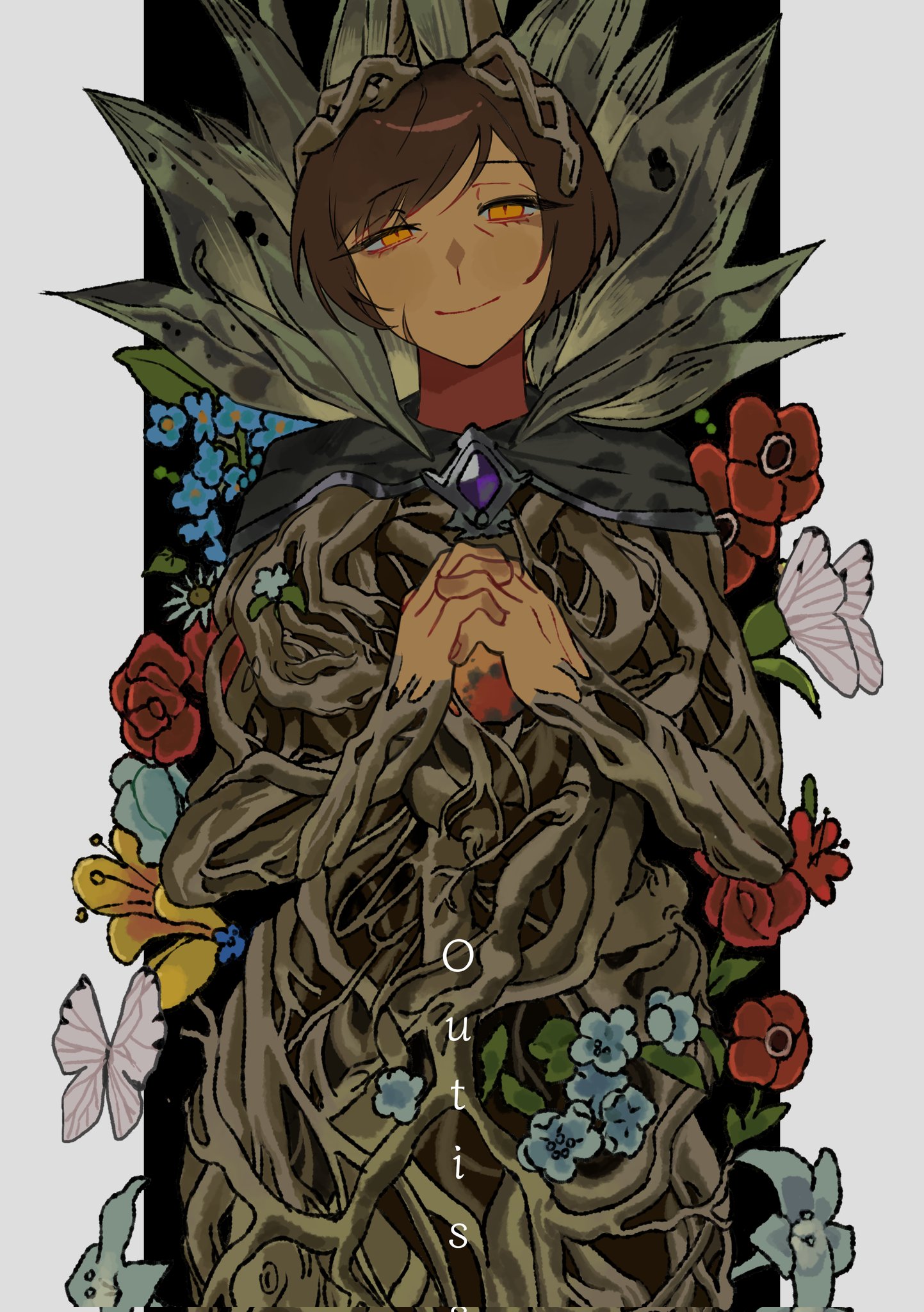 yongsadragon, outis (project moon), limbus company, project moon, highres, 1girl, black background, black cape, blue flower, border, brown eyes, brown hair, bug, butterfly, cape, character name, closed mouth, dark-skinned female, dark skin, e.g.o (project moon), ebony stem (e.g.o), flower, gem, horns, insect, looking at viewer, own hands clasped, own hands together, plant roots, purple gemstone, red flower, short hair, simple background, solo, upper body, white border
