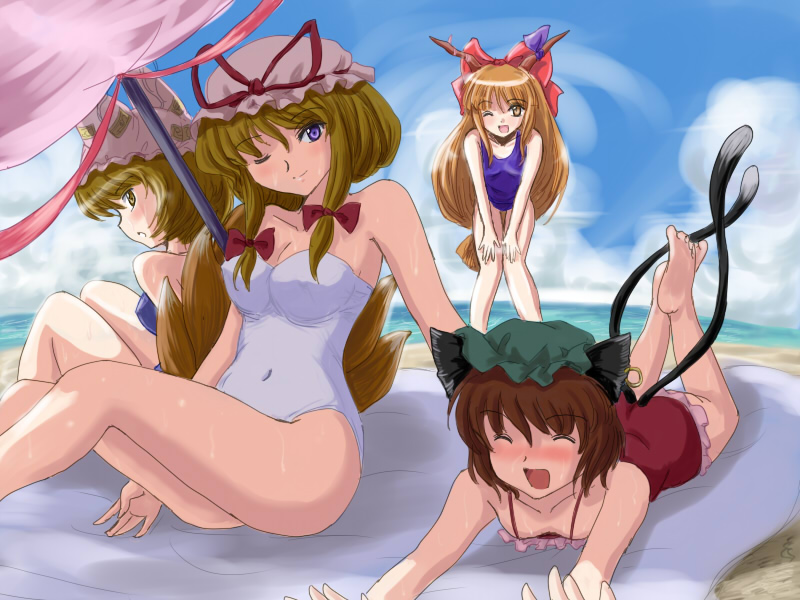 flx, chen, ibuki suika, yakumo ran, yakumo yukari, touhou, 4girls, animal ears, animal hat, bad anatomy, bad feet, barefoot, beach, blonde hair, blue eyes, blush, brown eyes, brown hair, cat ears, cat girl, cat tail, cloud, day, earrings, feet, female focus, fox ears, fox tail, hair ribbon, hat, horn ornament, horn ribbon, horns, jewelry, long hair, mob cap, multiple girls, orange hair, outdoors, poorly drawn, ribbon, short hair, sky, summer, swimsuit, tail, water, yellow eyes
