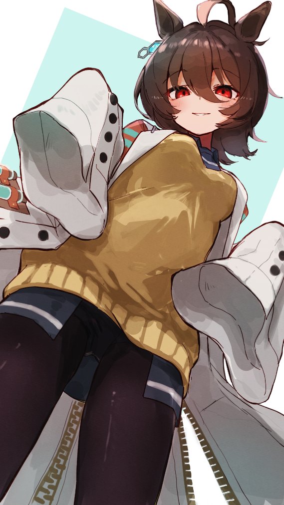 jamir, agnes tachyon (tach-nology) (umamusume), agnes tachyon (umamusume), umamusume, 1girl, ahoge, animal ears, black pantyhose, blush, breasts, brown hair, coat, earrings, from below, hair between eyes, horse ears, horse girl, huge ahoge, jewelry, lab coat, long sleeves, looking at viewer, medium breasts, medium hair, pantyhose, parted lips, red eyes, shirt, single earring, sleeves past fingers, sleeves past wrists, smile, solo, sweater, sweater vest, test tube, white coat, yellow sweater, yellow sweater vest