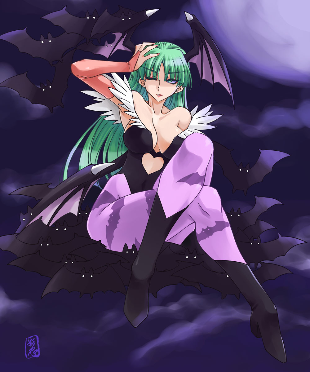 kageyama shinobi, morrigan aensland, darkstalkers, 1girl, animal print, bat (animal), bat print, bat wings, black leotard, breasts, cleavage, collarbone, demon girl, detached sleeves, fur-trimmed leotard, fur trim, green eyes, green hair, head wings, large breasts, leotard, lipstick, long hair, looking at viewer, looking up, lying, makeup, orange sleeves, pantyhose, parted lips, pink lips, print pantyhose, purple pantyhose, smile, solo, thick thighs, thighs, wings