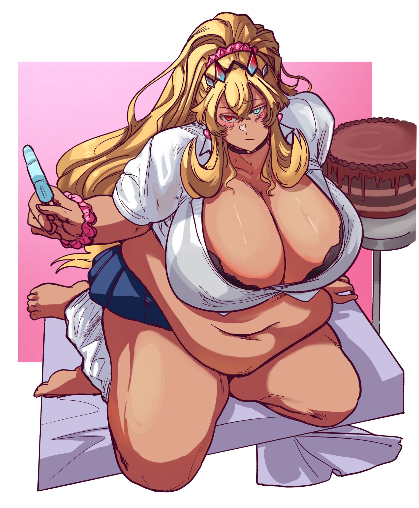 adiposesaleswoman, barghest (fate), fate/grand order, fate (series), highres, 1girl, bed, belly, big belly, black bra, black choker, blonde hair, blue eyes, blue skirt, blush, bra, breasts, cake, chocolate cake, choker, cleavage, crop top, crown, dark-skinned female, dark skin, earrings, fat, fat woman, food, gyaru, hair between eyes, hair ornament, heterochromia, holding, holding food, holding popsicle, huge breasts, jewelry, long hair, loose socks, navel, pink scrunchie, ponytail, popsicle, red eyes, school uniform, scrunchie, shirt, sitting, skirt, socks, solo, tan, underwear, white shirt, wrist scrunchie
