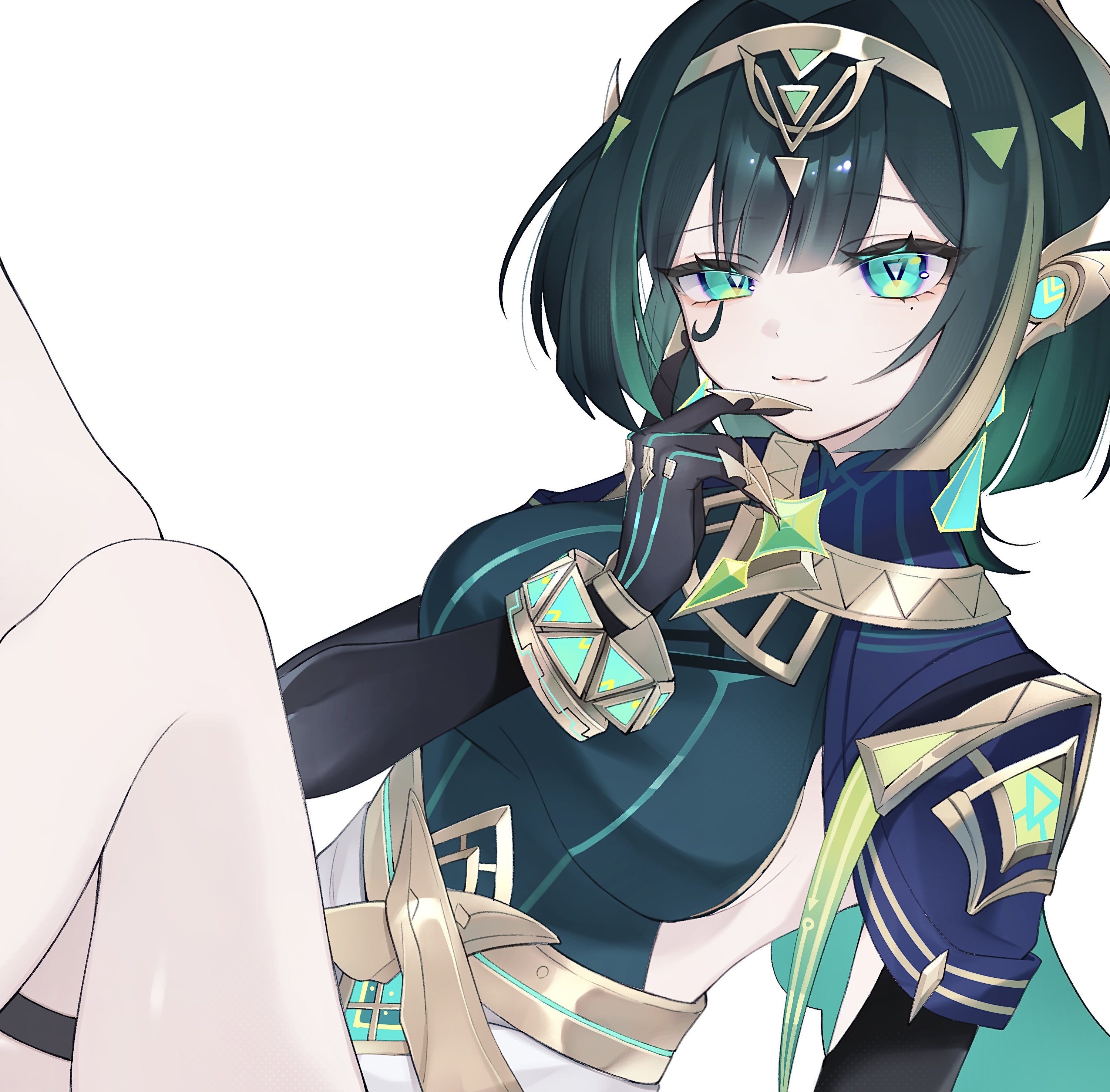ryo (ryo 0x0 06), nefer (genshin impact), genshin impact, absurdres, commentary request, highres, 1girl, :3, bracelet, claws, closed mouth, facial mark, fake claws, green eyes, green hair, hair intakes, hairband, jewelry, leg up, looking at viewer, mole, mole under eye, short hair, simple background, solo, symbol-shaped pupils, thigh strap, triangle-shaped pupils, white background