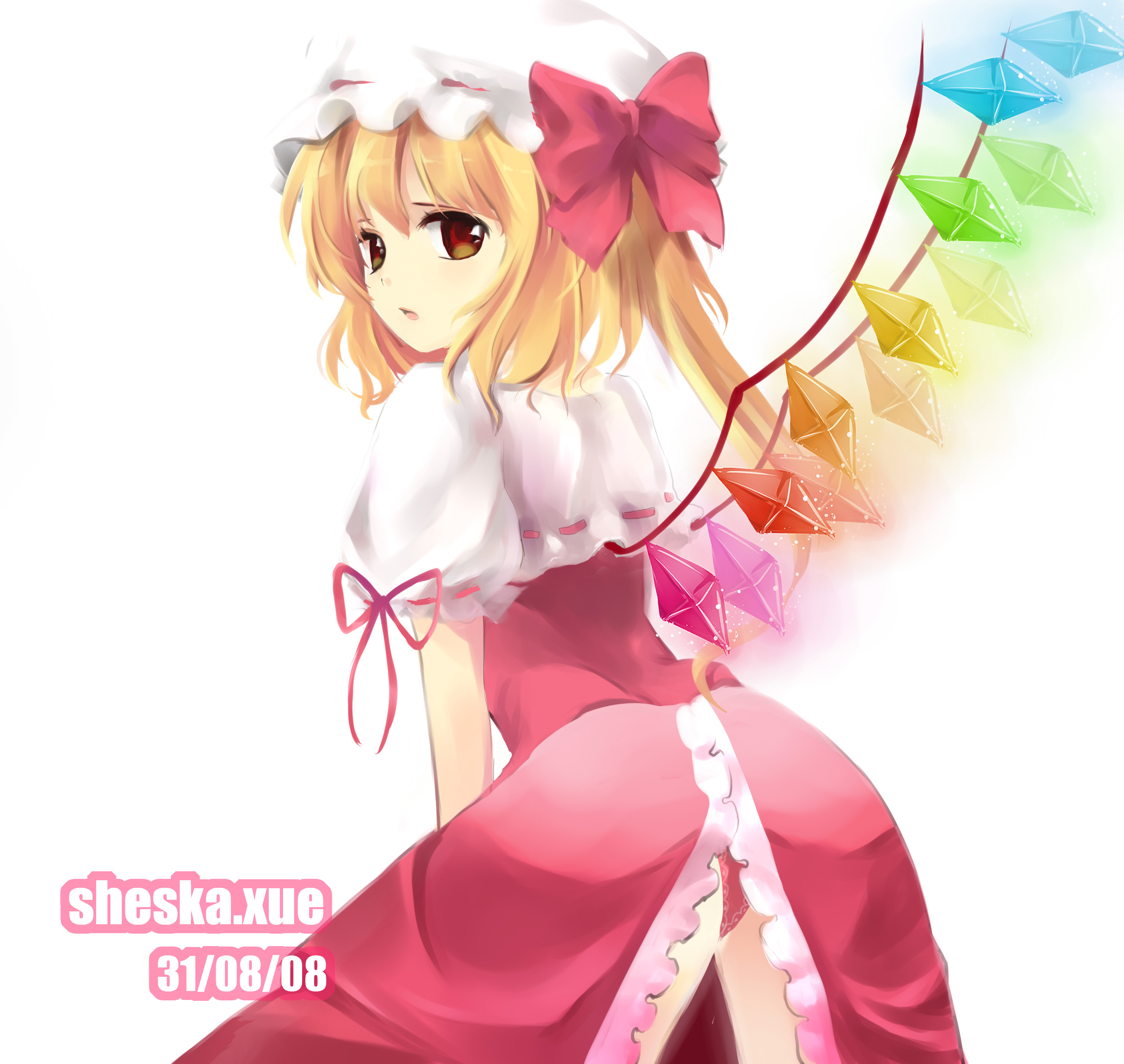 sheska xue, flandre scarlet, touhou, highres, 1girl, ass, blonde hair, female focus, hat, mob cap, panties, ponytail, rainbow order, ribbon, short hair, solo, underwear, wings