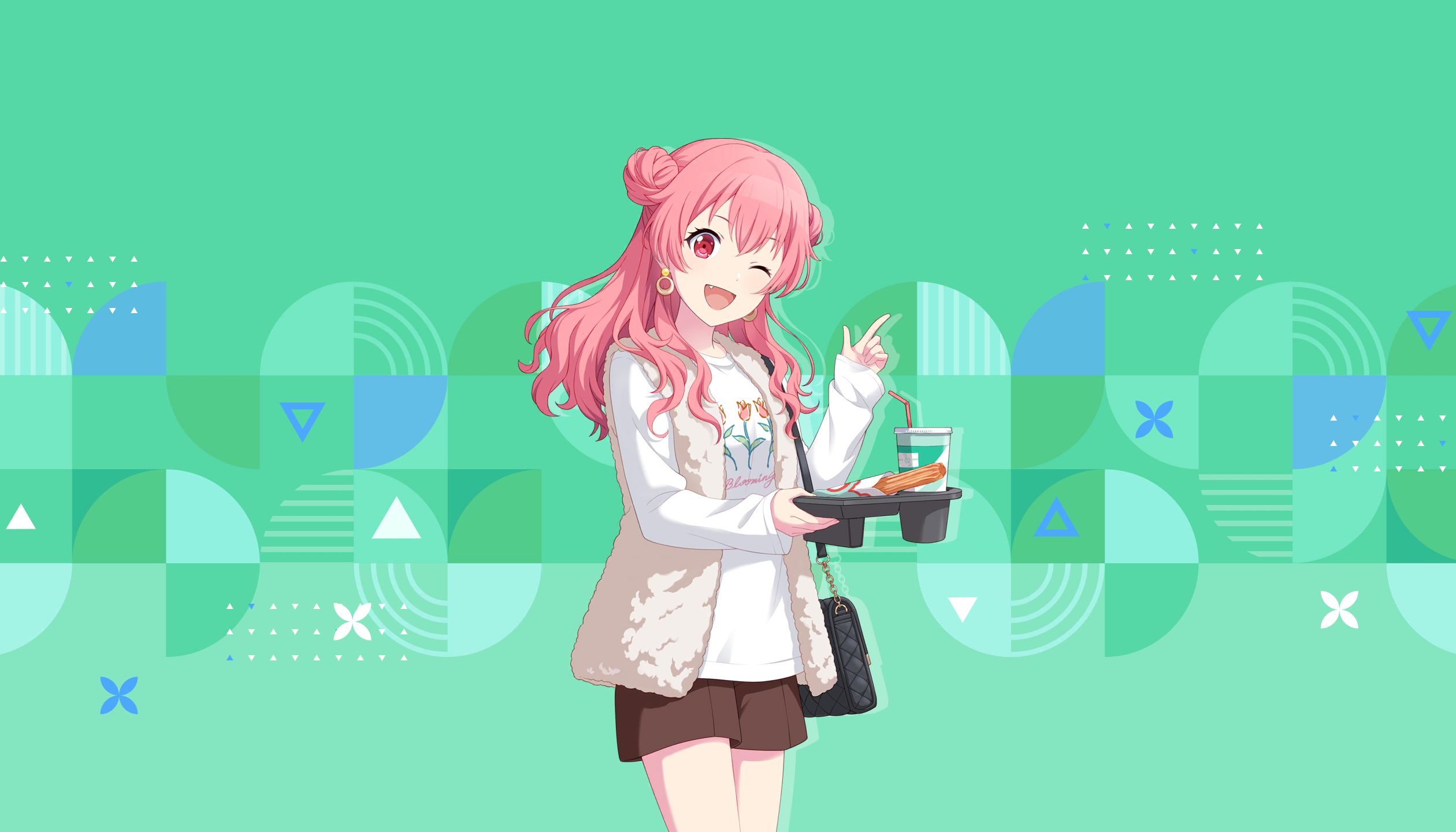 colorful palette, momoi airi, project sekai, game cg, highres, official art, third-party source, 1girl, ;d, alternate costume, alternate hairstyle, bag, black bag, brown shorts, churro, clothes writing, cup, double bun, drinking straw, earrings, fang, finger gun, floral print shirt, green background, hair bun, holding, holding tray, jewelry, long hair, one eye closed, open mouth, pink eyes, pink hair, shirt, shorts, shoulder bag, side up bun, smile, solo, tongue, tray, triangle, white shirt