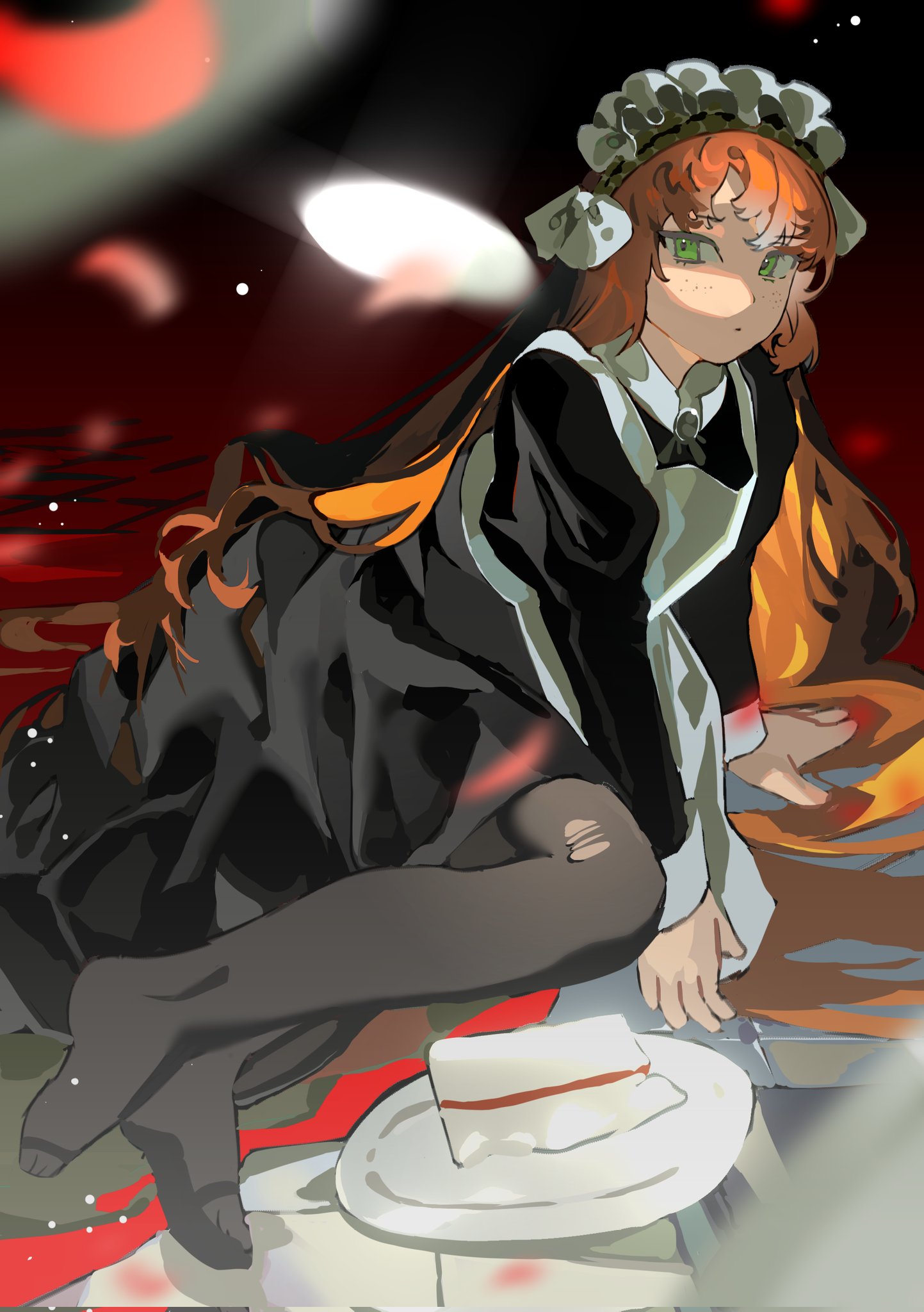 yongsadragon, ishmael (project moon), limbus company, project moon, highres, 1girl, apron, black dress, black pantyhose, bow, collared dress, dress, freckles, full body, green eyes, hair bow, long hair, long sleeves, looking at viewer, maid apron, maid headdress, no shoes, orange hair, pantyhose, puffy sleeves, red background, simple background, sitting, solo, torn clothes, torn pantyhose, white apron, white bow, wuthering heights (identity) (project moon)