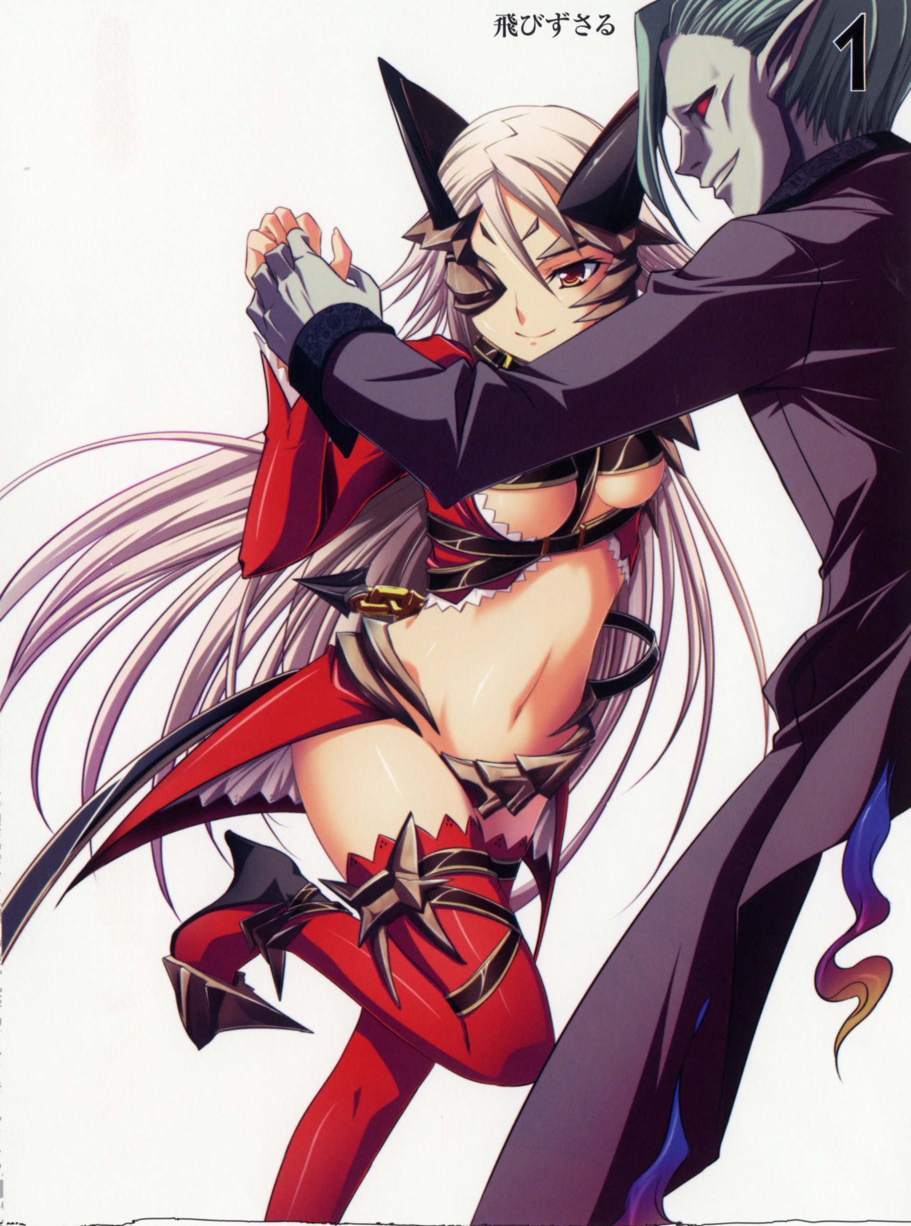 kantaka, aldra (queen's blade), delmore, queen aldra, queen's blade, silver hair, absurdres, highres, 00s, 1boy, 1girl, belt bra, breasts, dancing, eyepatch, long hair, midriff, navel, revealing clothes, thighhighs, underboob, yellow eyes