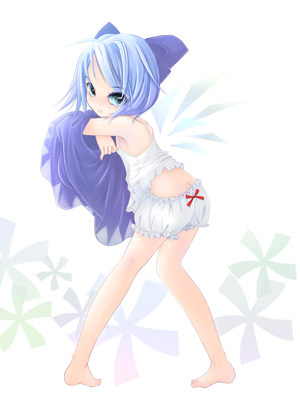 kubozuka pikurou, cirno, embodiment of scarlet devil, touhou, 1girl, ass, barefoot, bloomers, blue eyes, blue hair, bow, butt crack, camisole, eyelashes, female focus, flat chest, from behind, full body, hair bow, loli, looking back, short hair, solo, standing, underwear, undressing, wardrobe error, white background, white bloomers, wings