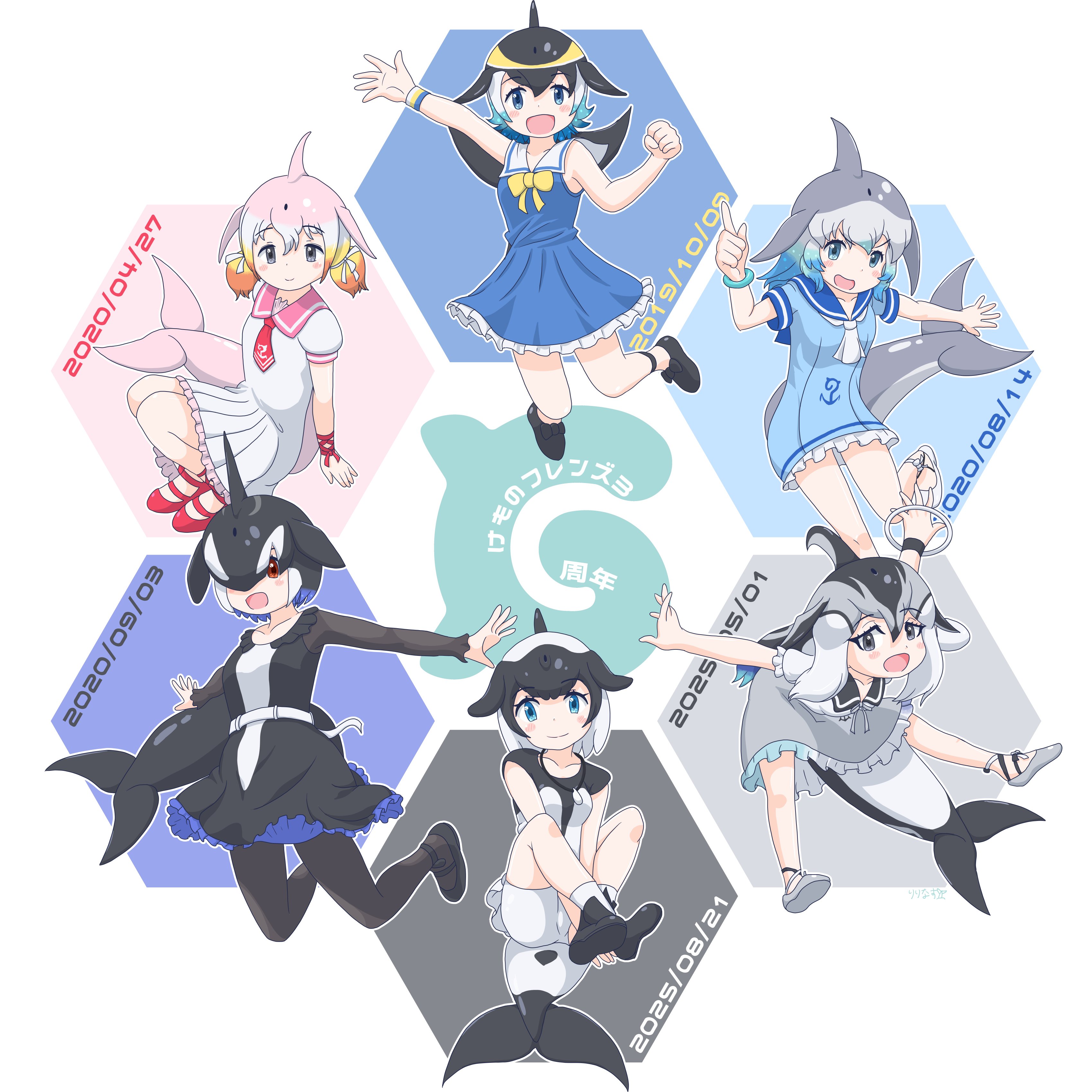 ririnasoon, chinese white dolphin (kemono friends), commerson's dolphin (kemono friends), common bottlenose dolphin (kemono friends), common dolphin (kemono friends), orca (kemono friends), pacific white-sided dolphin (kemono friends), kemono friends, kemono friends 3, absurdres, highres, translation request, 6+girls, bare shoulders, belt, black boots, black dress, black hair, black one-piece swimsuit, black pantyhose, blonde hair, blowhole, blue dress, blue eyes, blue hair, boots, bow, bowtie, brown eyes, cetacean tail, collar, dolphin girl, dorsal fin, dress, fins, fish tail, frilled collar, frilled dress, frilled sleeves, frills, grey dress, grey eyes, grey hair, hair between eyes, hair over one eye, head fins, japari symbol, jewelry, long hair, long sleeves, multicolored hair, multiple girls, neckerchief, necklace, necktie, one-piece swimsuit, pantyhose, pink hair, puffy short sleeves, puffy sleeves, red necktie, red shoes, sailor collar, sailor dress, shell, shell necklace, shoes, short hair, short sleeves, sidelocks, sleeveless, socks, swimsuit, tail, two-tone dress, two-tone hair, two-tone one-piece swimsuit, white belt, white dress, white hair, white neckerchief, white one-piece swimsuit, white socks, yellow bow, yellow bowtie