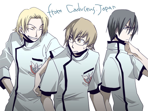 motomoto saji, mudo, mudo (saji), tsukimori kousuke, tyler chase, victor niguel, chou shittou caduceus, uniform, bad id, bad pixiv id, 3boys, ^ ^, angry, aragaki shuuya, blonde hair, brown eyes, brown hair, closed eyes, doctor, glasses, grey hair, grin, male focus, medical scrubs, multiple boys, short hair, smile