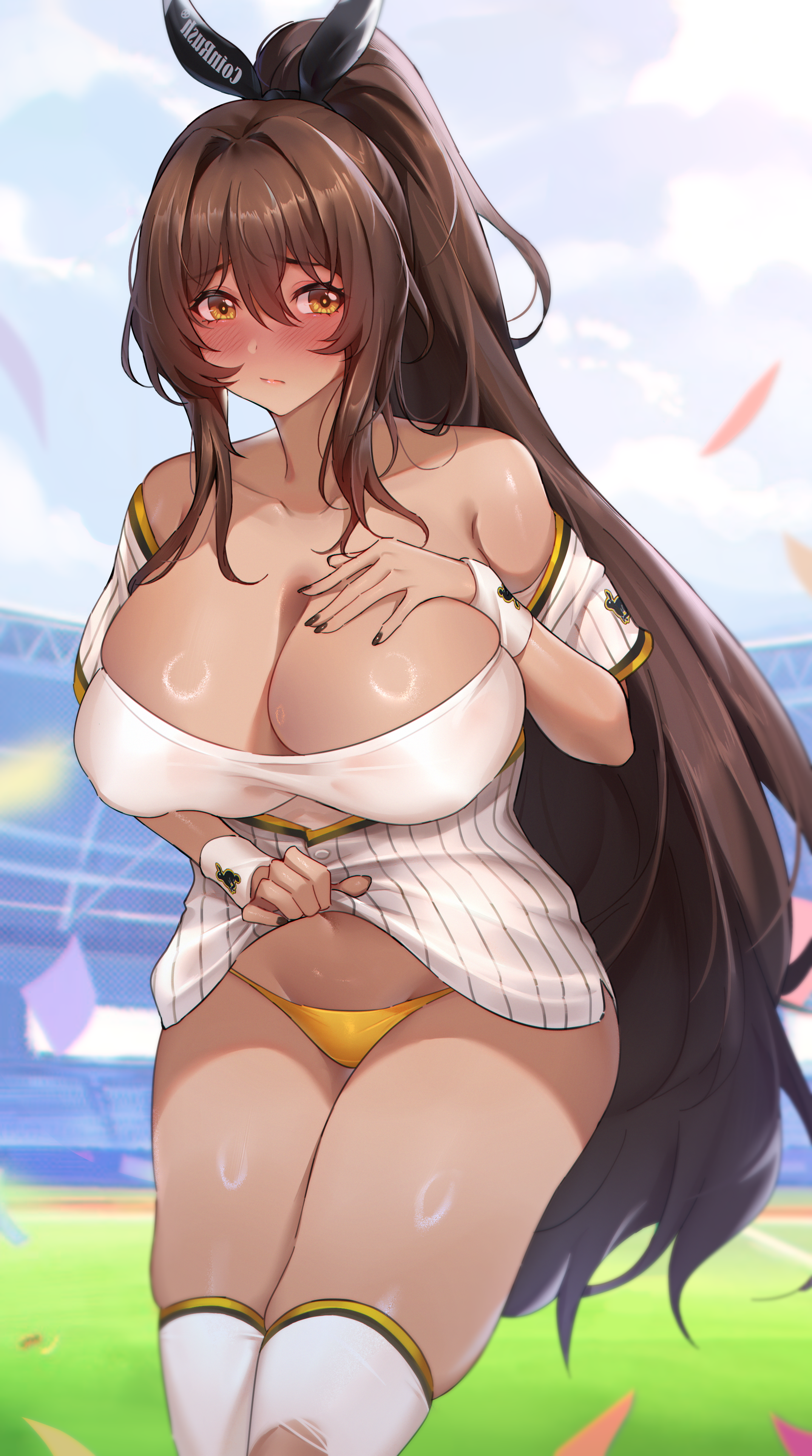 hua-j, noir (baseball cheerleader) (nikke), noir (nikke), goddess of victory: nikke, absurdres, commentary request, highres, 1girl, bare shoulders, baseball jersey, baseball stadium, baseball uniform, black nails, blue sky, blush, breasts, brown eyes, brown hair, cleavage, closed mouth, clothes lift, dark-skinned female, dark skin, day, feet out of frame, fingernails, hair between eyes, hair intakes, huge breasts, jersey, long hair, nail polish, no pants, off shoulder, official alternate costume, official alternate hairstyle, outdoors, panties, ponytail, shiny skin, shirt, shirt lift, skindentation, sky, solo, sportswear, standing, striped clothes, striped shirt, thick thighs, thighhighs, thighs, torn clothes, torn thighhighs, underwear, vertical-striped clothes, vertical-striped shirt, very long hair, white thighhighs, wristband, yellow panties