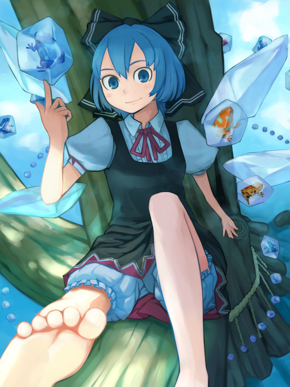haruno, cirno, haruno sora, touhou, 1girl, alternate color, barefoot, bloomers, blue hair, bow, element bender, feet, female focus, foreshortening, frog, hair bow, ice, iceblock, in tree, looking at viewer, ribbon, short hair, sitting, sitting in tree, smile, soles, solo, toes, tree, underwear, wings