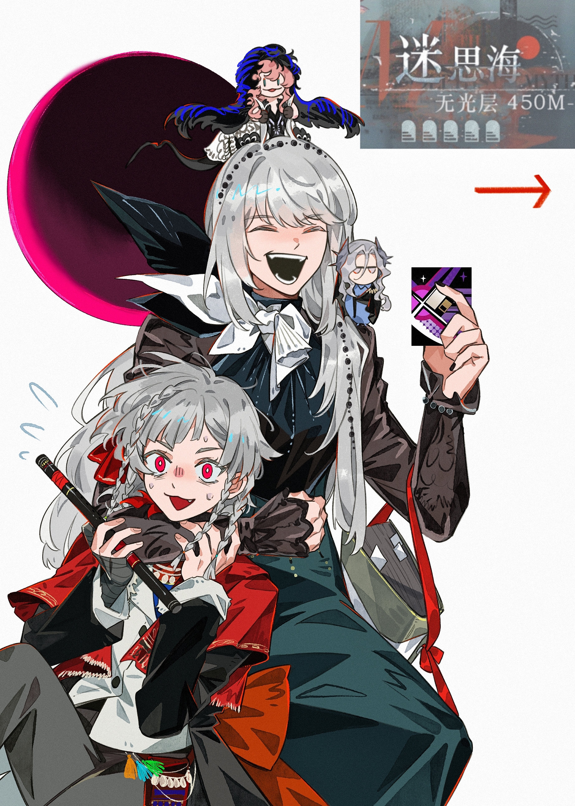 jo jun, nautika (reverse:1999), rubuska, semmelweis (reverse:1999), reverse:1999, absurdres, highres, 4girls, :d, ^ ^, arm around neck, arrow (symbol), black coat, black shirt, card, closed eyes, coat, dress, fang, flute, flying sweatdrops, game screenshot inset, green dress, grey hair, grey pants, holding, holding card, holding flute, holding instrument, instrument, jacket, mini person, mini person on head, mini person on shoulder, minigirl, multiple girls, neckerchief, new moon, open mouth, pants, red eyes, sentinel (reverse:1999), shirt, smile, upper body, white background, white hair, white jacket, white neckerchief