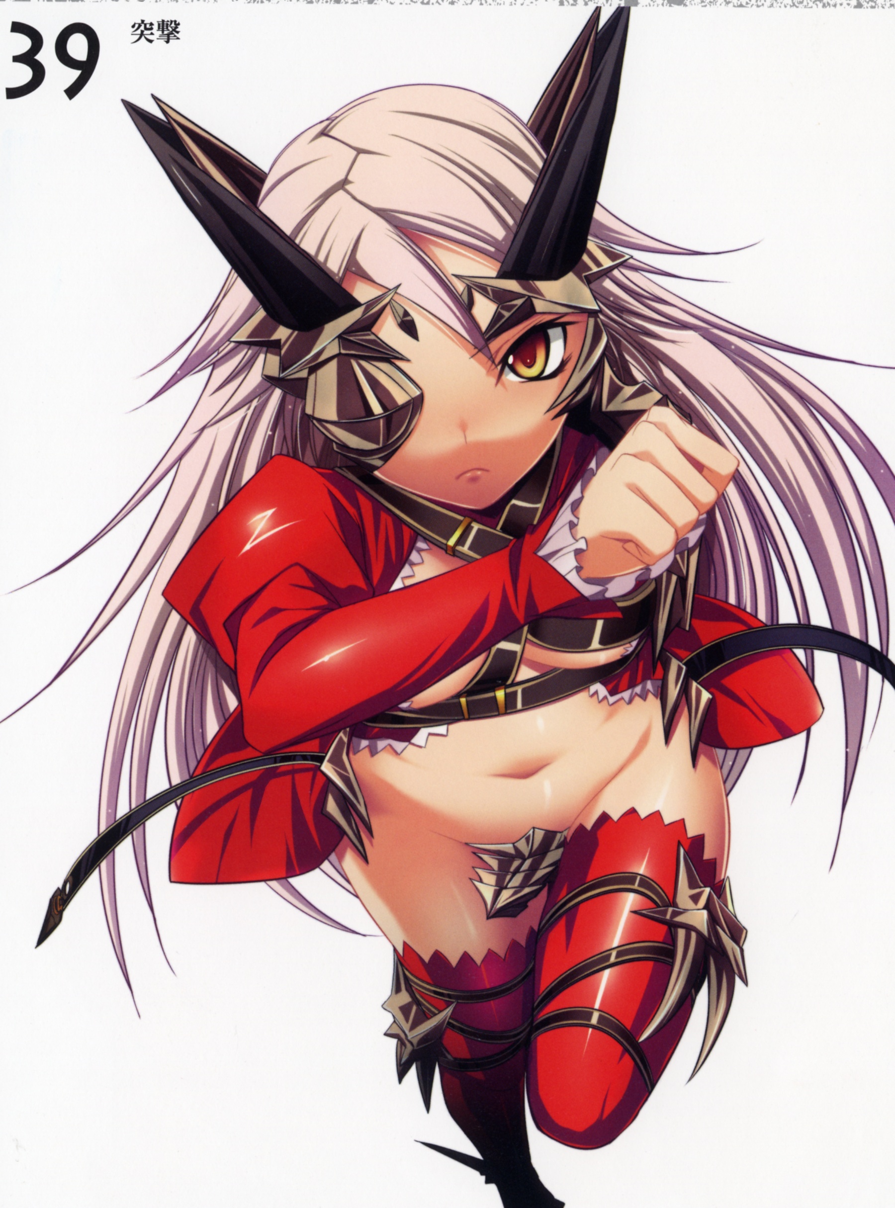 kantaka, aldra (queen's blade), queen aldra, queen's blade, silver hair, absurdres, highres, 00s, 1girl, belt bra, breasts, eyepatch, female focus, long hair, midriff, navel, revealing clothes, solo, thighhighs, yellow eyes