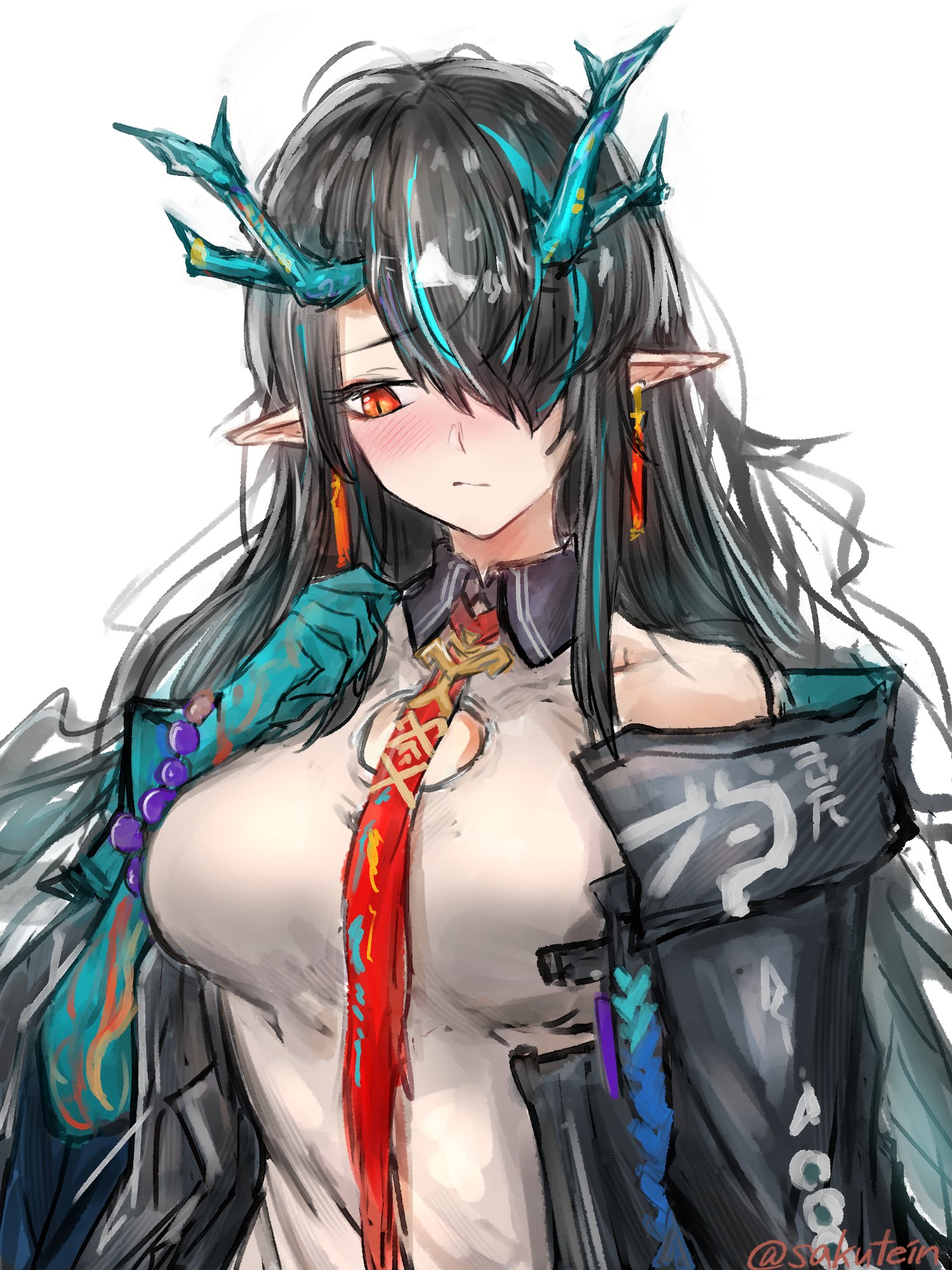 sakutein oekaki, dusk (arknights), arknights, commentary request, highres, redrawn, 1girl, aqua hair, averting eyes, bare shoulders, beads, black hair, blush, breasts, cleavage cutout, closed mouth, clothing cutout, collared shirt, colored extremities, contrast collar, dragon girl, dragon horns, earrings, embarrassed, grey shirt, hair over one eye, horns, jewelry, long hair, medium breasts, multicolored hair, necktie, off shoulder, one eye covered, orange eyes, pointy ears, red necktie, shirt, simple background, sleeveless, sleeveless shirt, solo, streaked hair, twitter username, upper body, watermark, white background