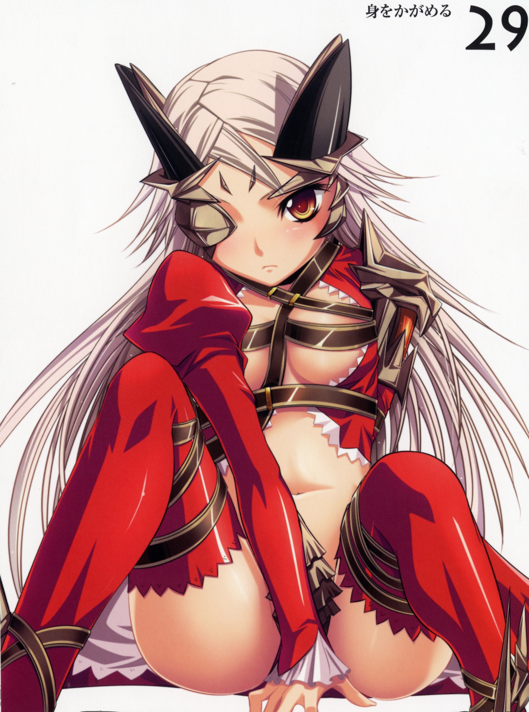 kantaka, aldra (queen's blade), queen aldra, queen's blade, silver hair, absurdres, highres, 00s, 1girl, belt bra, blush, breasts, eyepatch, female focus, long hair, midriff, navel, revealing clothes, sitting, solo, thighhighs, yellow eyes