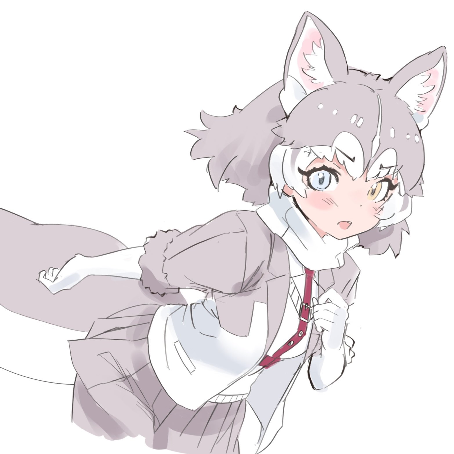 ieinu account, dog (mixed breed) (kemono friends), kemono friends, highres, 1girl, animal ears, blue eyes, blush, cowboy shot, dog ears, dog girl, dog tail, elbow gloves, extra ears, fang, fur trim, gloves, grey fur, grey hair, grey jacket, grey skirt, hair between eyes, harness, heterochromia, jacket, looking at viewer, multicolored hair, open clothes, open jacket, open mouth, pleated skirt, scarf, short sleeves, sidelocks, skirt, solo, sweater, tail, two-tone hair, white hair, white jacket, white scarf, white skirt, white sweater, yellow eyes