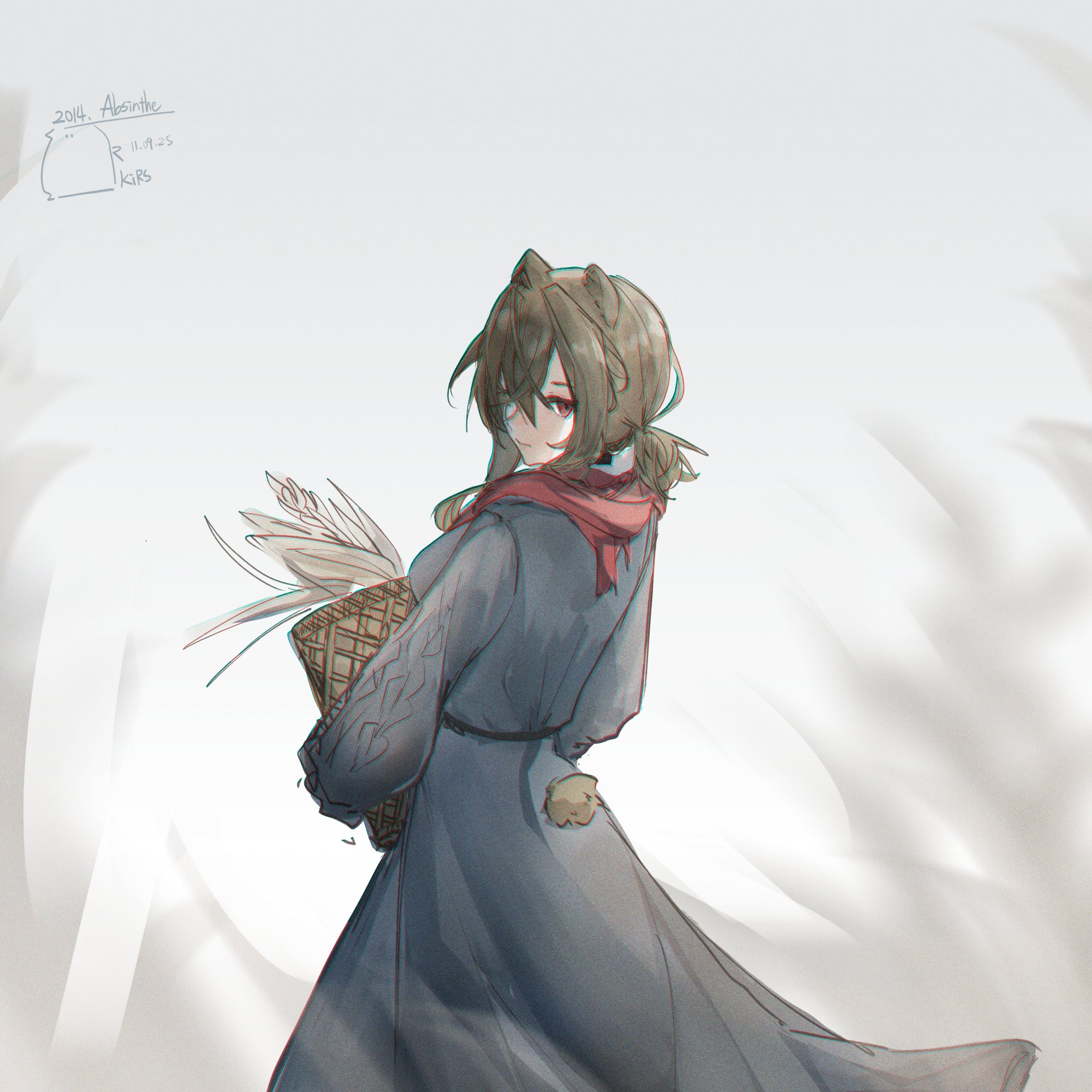 haki penguin, absinthe (arknights), absinthe (noon twilight) (arknights), arknights, commentary, english commentary, highres, 1girl, animal ears, artist name, basket, bear ears, bear tail, breasts, brown eyes, brown hair, character name, clothing cutout, cowboy shot, dated, dress, from behind, grey dress, hair between eyes, holding, holding basket, long bangs, long sleeves, looking at viewer, looking back, medium breasts, medium hair, official alternate costume, puffy long sleeves, puffy sleeves, red scarf, scarf, serious, short tail, short twintails, sidelocks, sideways glance, signature, stalk, tail, tail through clothes, twintails