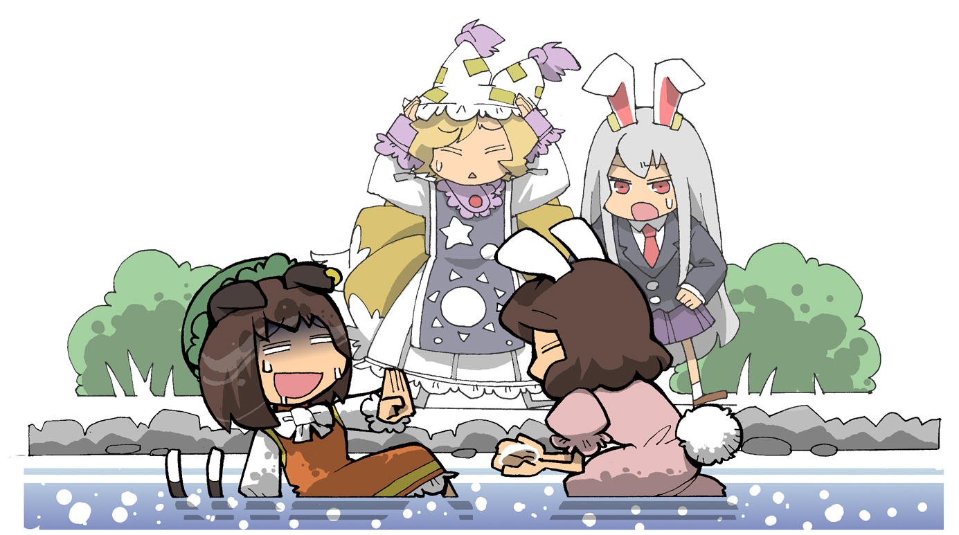 hounori, chen, inaba tewi, reisen udongein inaba, yakumo ran, touhou, silver hair, bad id, bad pixiv id, 4girls, animal ears, animal hat, blonde hair, brown hair, cat ears, cat girl, cat tail, earrings, female focus, fox ears, fox tail, hat, jewelry, long hair, long sleeves, mob cap, multiple girls, rabbit ears, rabbit girl, rabbit tail, ribbon, short hair, short sleeves, skirt, tail, tassel, water
