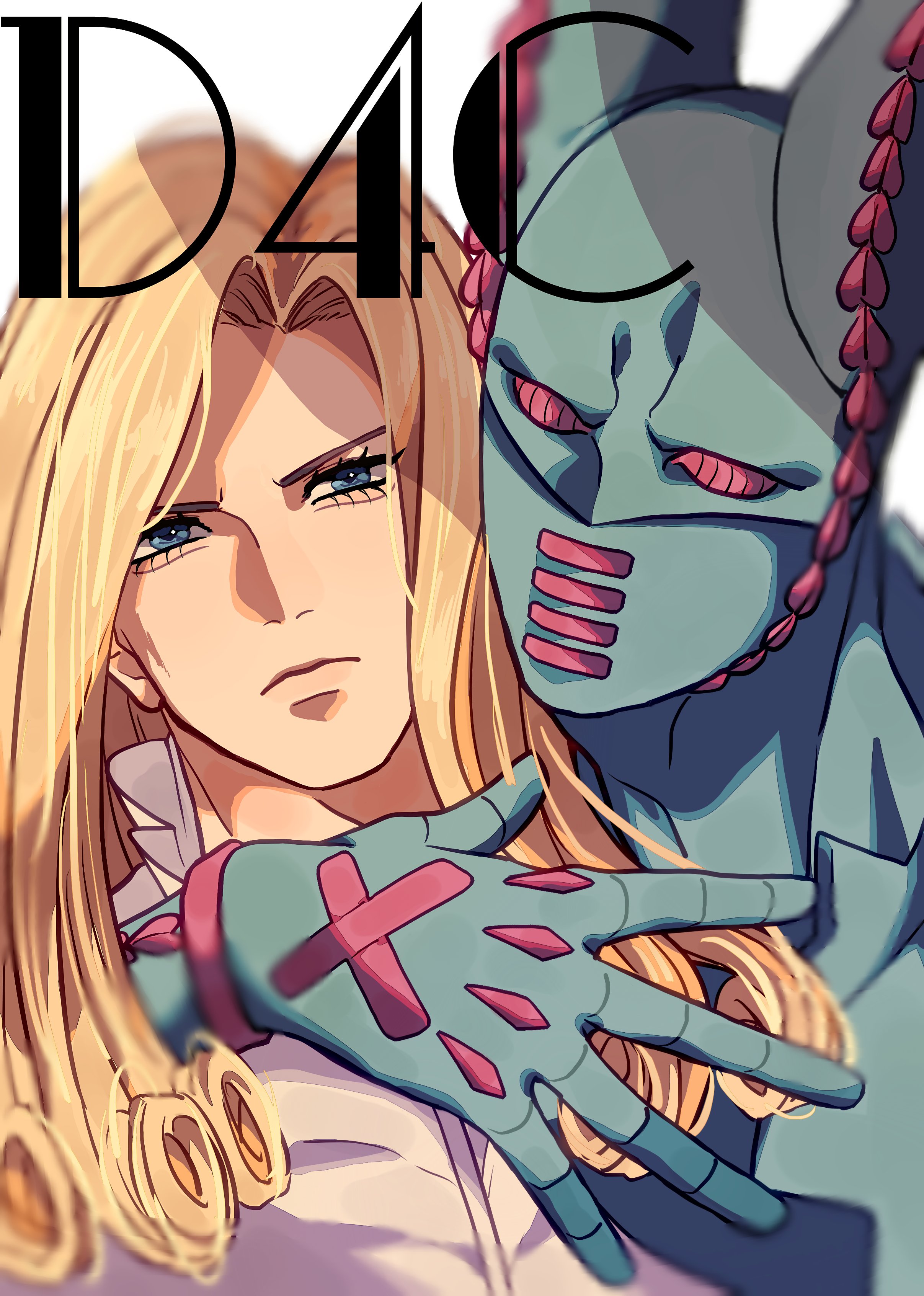 siniy, dirty deeds done dirt cheap, funny valentine, jojo no kimyou na bouken, steel ball run, absurdres, highres, 1boy, 1other, animal ears, arm around neck, blonde hair, blue eyes, blue skin, character name, closed mouth, coat, colored skin, compound eyes, curly hair, fake animal ears, long hair, looking at viewer, male focus, mask, mouth mask, pink eyes, rabbit ears, stand (jojo), white background, white coat