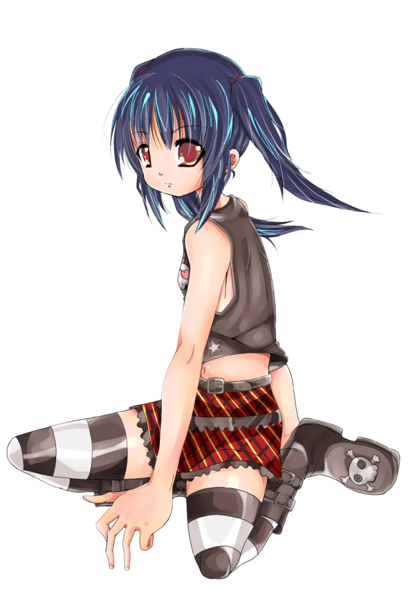 kooh (pangya), pangya, black & white, black hair, boots, goth fashion, long hair, patterned legwear, plaid clothes, plaid skirt, red eyes, skirt, socks, solo, striped clothes, striped socks, thighhighs, twintails, two-tone stripes