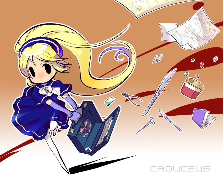aralez, tonegawa anju, chou shittou caduceus, bad id, bad pixiv id, 1girl, black eyes, blonde hair, blush, book, bottle, candy, dress, elbow gloves, emblem, female focus, food, gloves, gradient background, long hair, neckerchief, nurse, pantyhose, ponytail, running, scalpel, solo, spill, suitcase, upskirt, v arms, very long hair, white background, white pantyhose