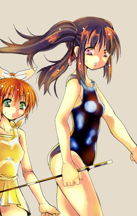 hana, hana (pangya), kooh (pangya), pangya, 2girls, black hair, blonde hair, dress, green eyes, long hair, multiple girls, one-piece swimsuit, red eyes, ribbon, school swimsuit, swimsuit, twintails