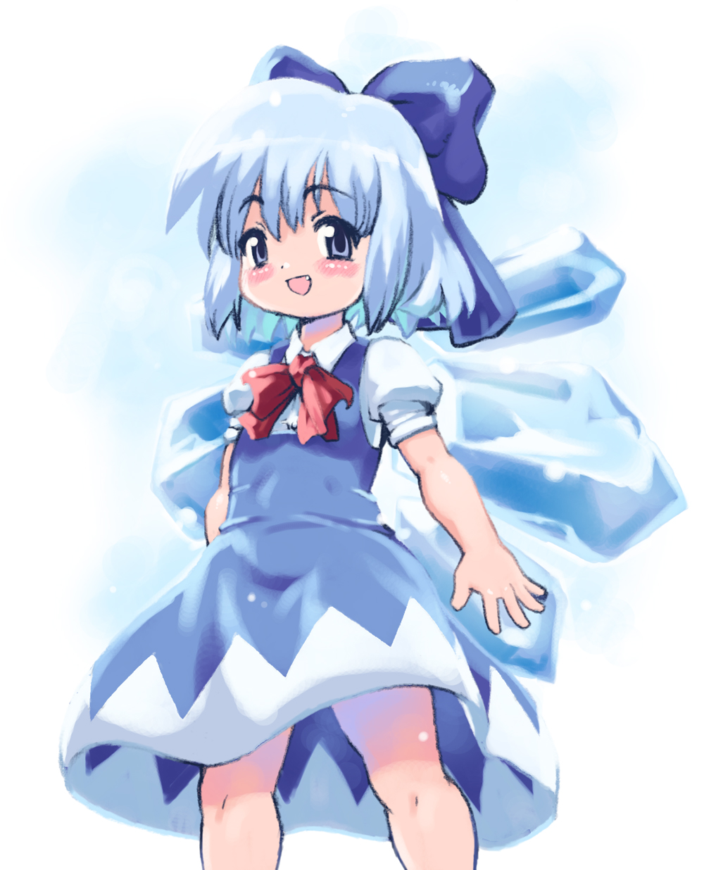 yu 3, cirno, embodiment of scarlet devil, touhou, highres, 1girl, blue eyes, blue hair, blush, dress, female focus, gradient background, hair ribbon, matching hair/eyes, ribbon, solo, white background