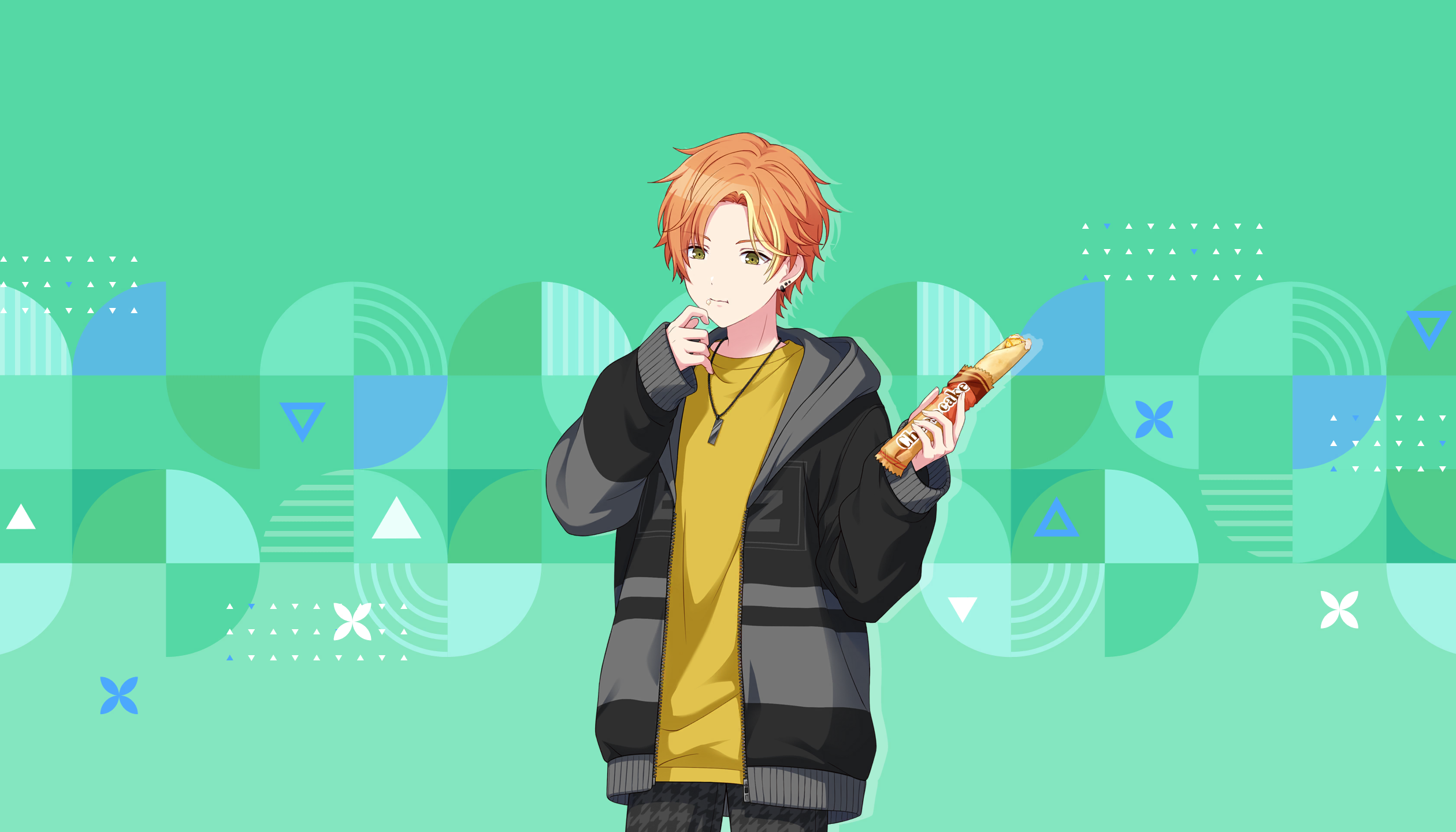 colorful palette, shinonome akito, project sekai, game cg, highres, official art, third-party source, 1boy, alternate costume, alternate hairstyle, black jacket, black pants, blonde hair, brown eyes, cowboy shot, ear piercing, eating, food, green background, holding, holding food, jacket, male focus, multicolored hair, open clothes, open jacket, orange hair, pants, piercing, shirt, solo, streaked hair, triangle, two-tone hair, yellow shirt