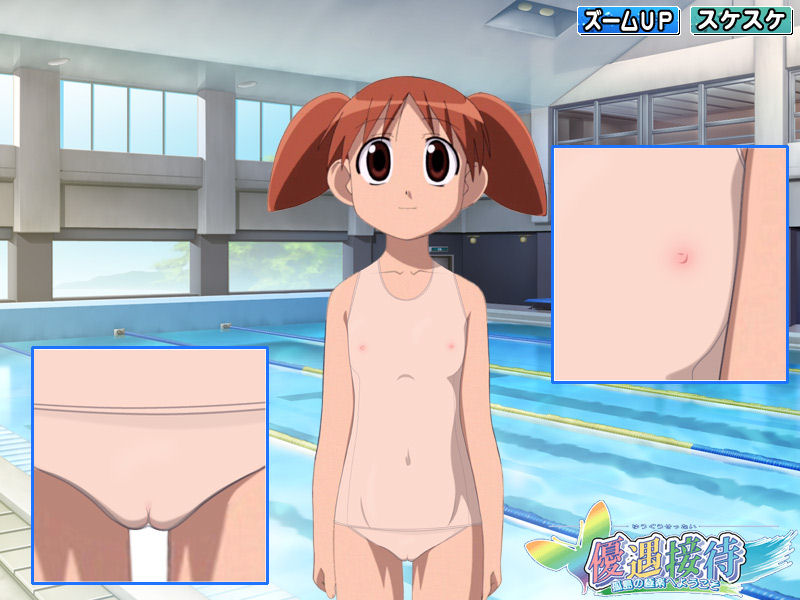 mihama chiyo, azumanga daiou, nude filter, third-party edit, 1girl, female focus, flat chest, indoors, loli, looking at viewer, nipples, nude, one-piece swimsuit, pussy, school swimsuit, see-through clothes, small areolae, small nipples, solo, swimsuit, twintails, uncensored