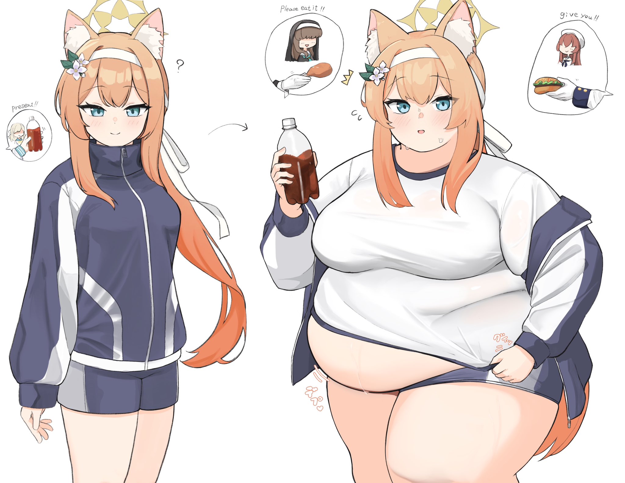 7sufyfhysfsdkn0, mari (blue archive), mari (track) (blue archive), sisterhood member (blue archive), trinity student (blue archive), blue archive, highres, 4girls, animal ear fluff, animal ears, before and after, big belly, blue eyes, blue jacket, blue shorts, bottle, breasts, burger, chicken (food), chicken leg, english text, fat, fat woman, flower, flower on head, food, gym shirt, gym shorts, hair flower, hair ornament, hair ribbon, halo, headband, holding, holding bottle, holding food, jacket, large breasts, long hair, medium breasts, midriff peek, multiple girls, open clothes, open jacket, orange hair, plastic bottle, ribbon, shirt, short shorts, shorts, size difference, smile, soda bottle, standing, t-shirt, thick thighs, thighs, tight clothes, track jacket, weight gain, wet, wet clothes, wet shirt, white background, white ribbon, white shirt