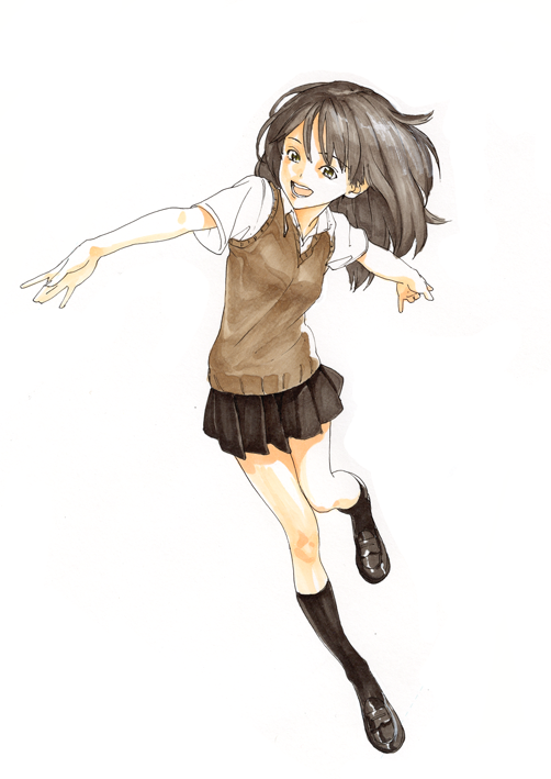 hakuto (artist), hiro (dismaless), original, 1girl, black skirt, black socks, brown hair, copy face and counter girl, female focus, full body, kneehighs, looking at viewer, miniskirt, pleated skirt, running, school uniform, serafuku, simple background, skirt, socks, solo, sweater vest, white background