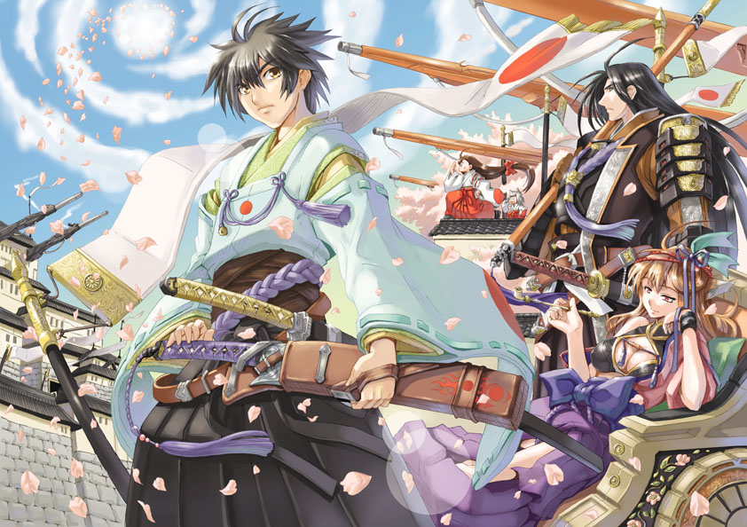 yuu (yuyukaikan), original, 2boys, 3girls, armor, black hair, breasts, brown hair, cleavage, holding, holding smoking pipe, japanese armor, japanese clothes, katana, kiseru, long hair, medium breasts, miko, multiple boys, multiple girls, petals, polearm, samurai, short hair, shoulder armor, smoking pipe, sode, sword, weapon